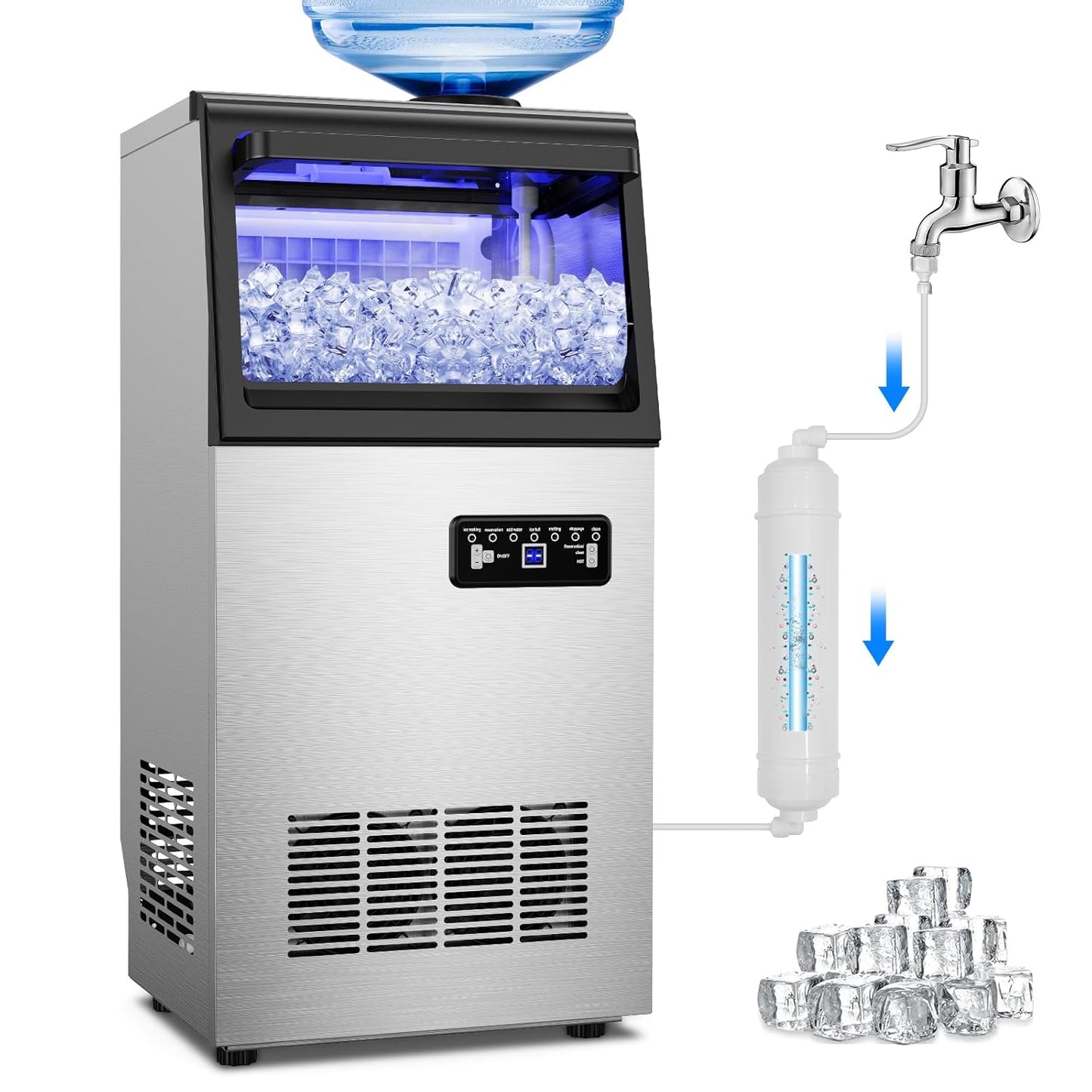 Commercial Ice Maker Machine 130Lbs/24H with 2 Water Inlet Modes, 36Pcs Ice Cubes in 8-15 Mins, Stainless Steel Under Counter/Freestanding Ice Machine with 25Lbs Storage Bin for Home/Shop/Office/Bar