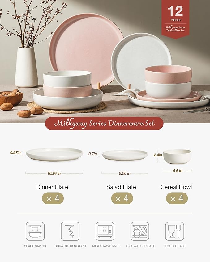 Famiware Milkyway Plates and Bowls Sets, 12 Pieces Dinnerware Sets, Reactive Glaze Dish Set, Stoneware Dishes Set for 4, Matte Beige White & Light Pink