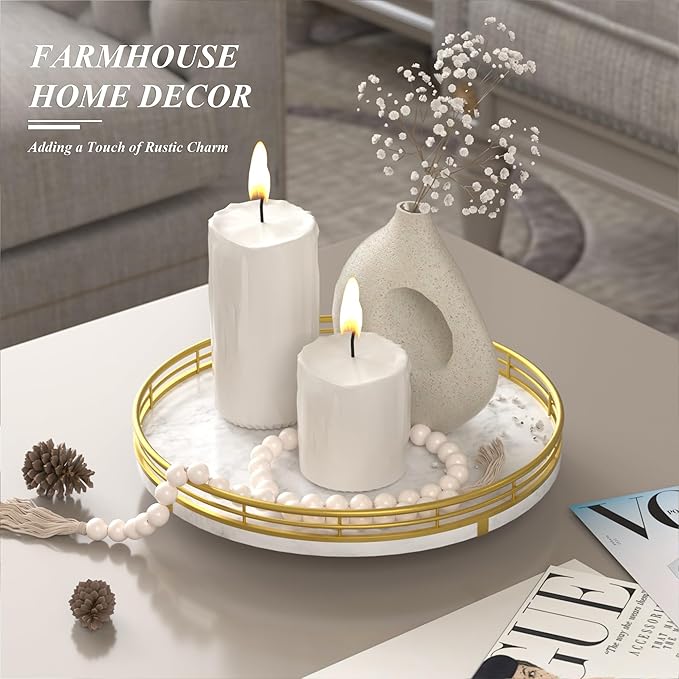 White Marble Lazy Susan Turntable for Table Top – 10” Round Marble Tray Organizer for Bathrroom, Vanity, Dining Table, Kitchen Countertop & Bar, Luxury Stone Serving Tray with Gold Frame