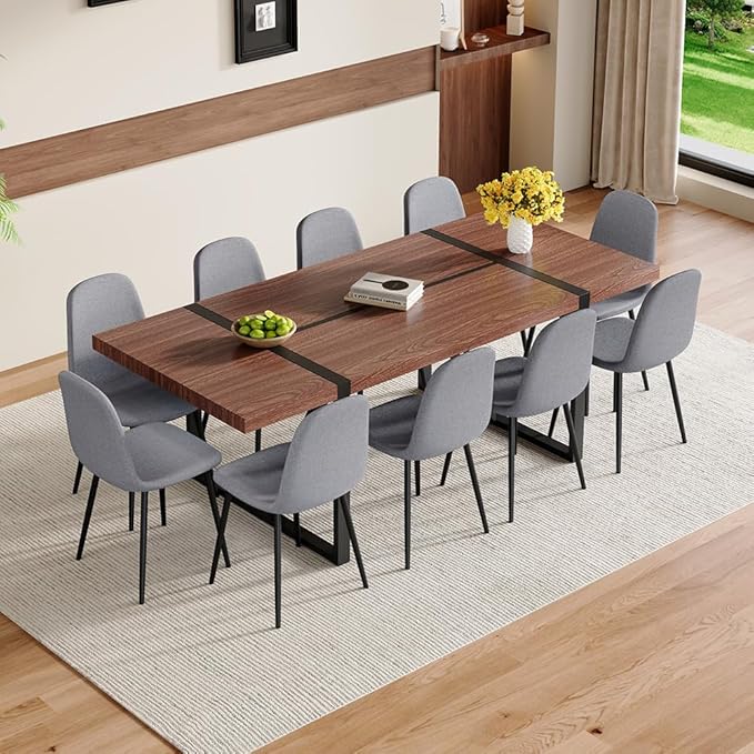 86.6" Dining Table Set for 10, Modern 11 Piece Wood Kitchen Table and Chairs Set, Large Rectangle Dining Table with 10 Linen Fabric Upholstered Chairs, Perfect for Family Gatherings and Dining Room