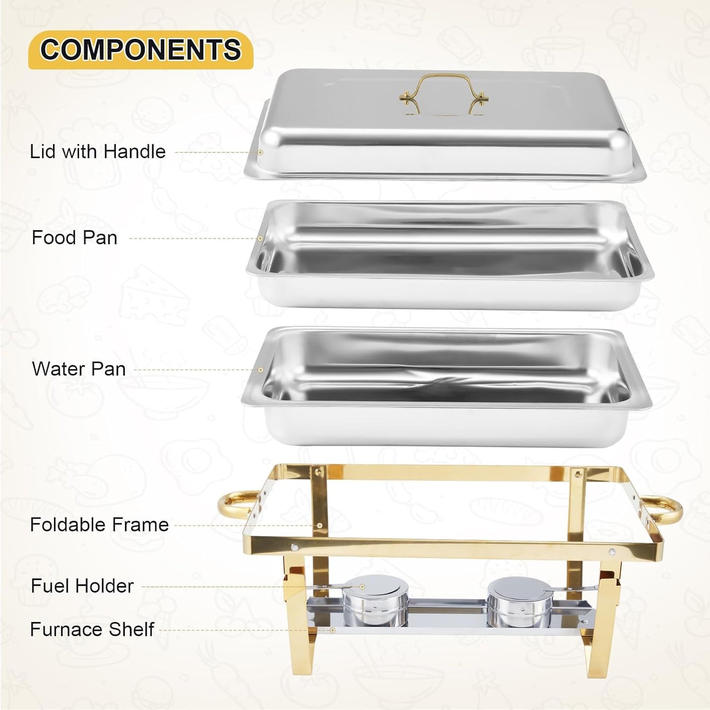 GarveeHome Chafing Dishes for Buffet 2 Pack, 8 Qt Stainless Steel Chafers and Buffet Warmers Sets with Lid, Rectangle Serving Food Warmer Catering Supplies Buffet Display for Parties, Gold
