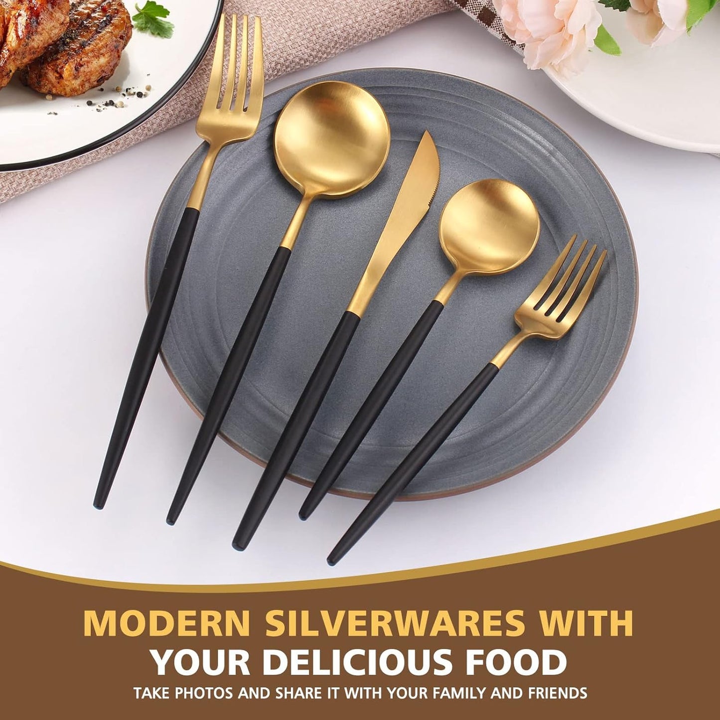 Matte Black Gold Silverware Set, Oliviola 40-Piece Stainless Steel Flatware Cutlery Set Service for 8, Satin Finish Kitchen Utensil Set, Dishwasher Safe