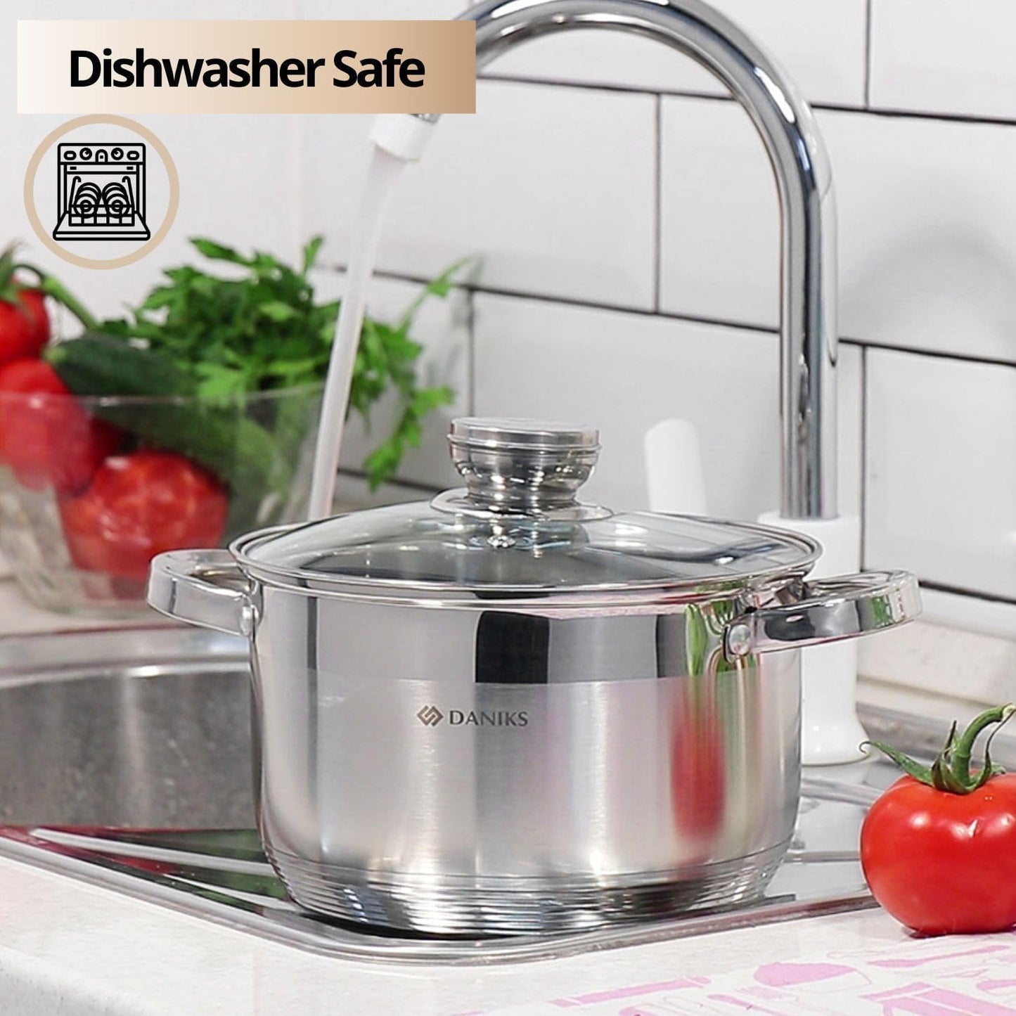 Daniks Classic 6-Piece Stainless Steel Induction Cookware Set – Dishwasher Safe Pots with Lids, Measuring Scale, Silver