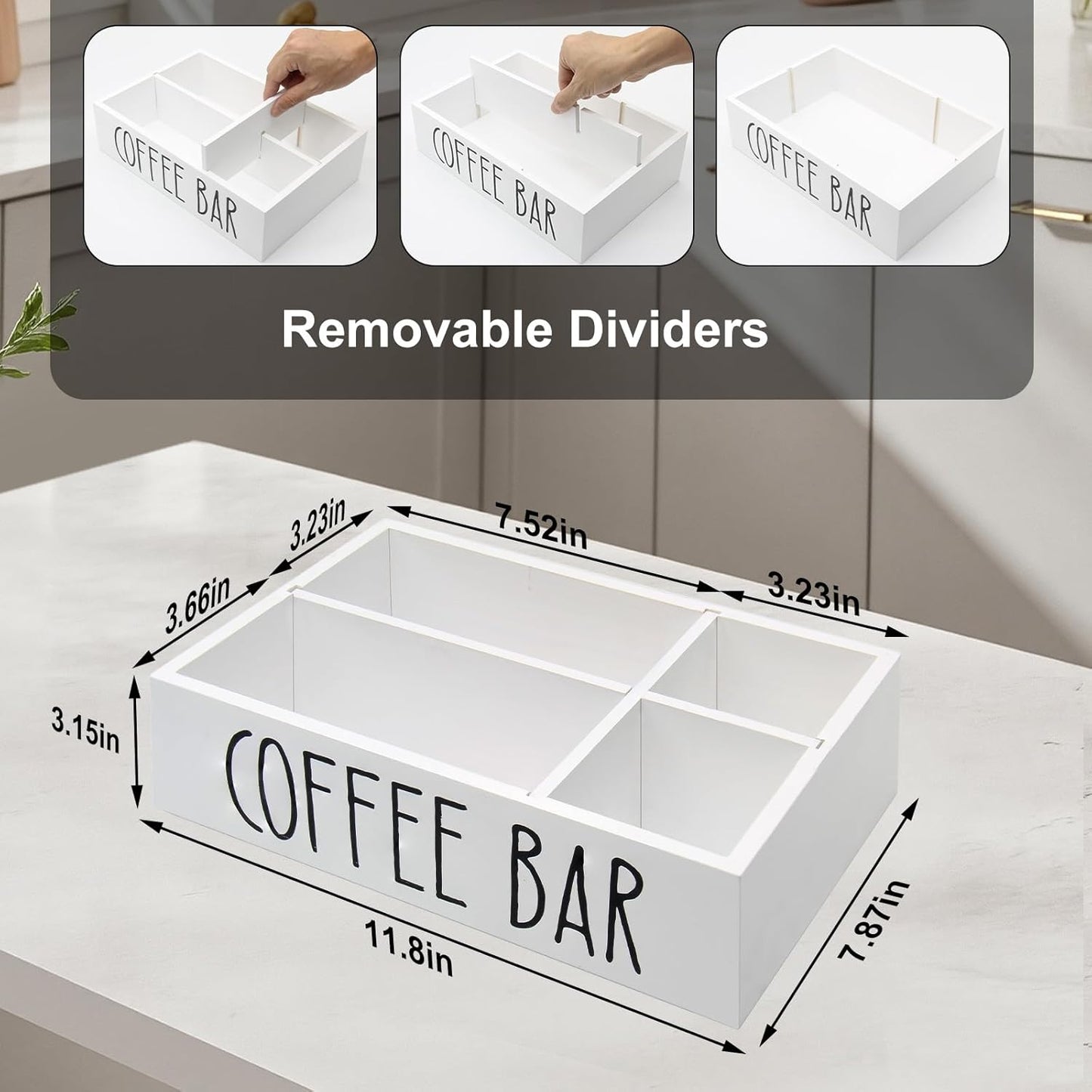 Coffee Station Organizer with Removable Dividers Disposable Cup Holder Wooden Countertop Organizer for Tea Condiment Accessories Storage Farmhouse Bar Decor Black (White)