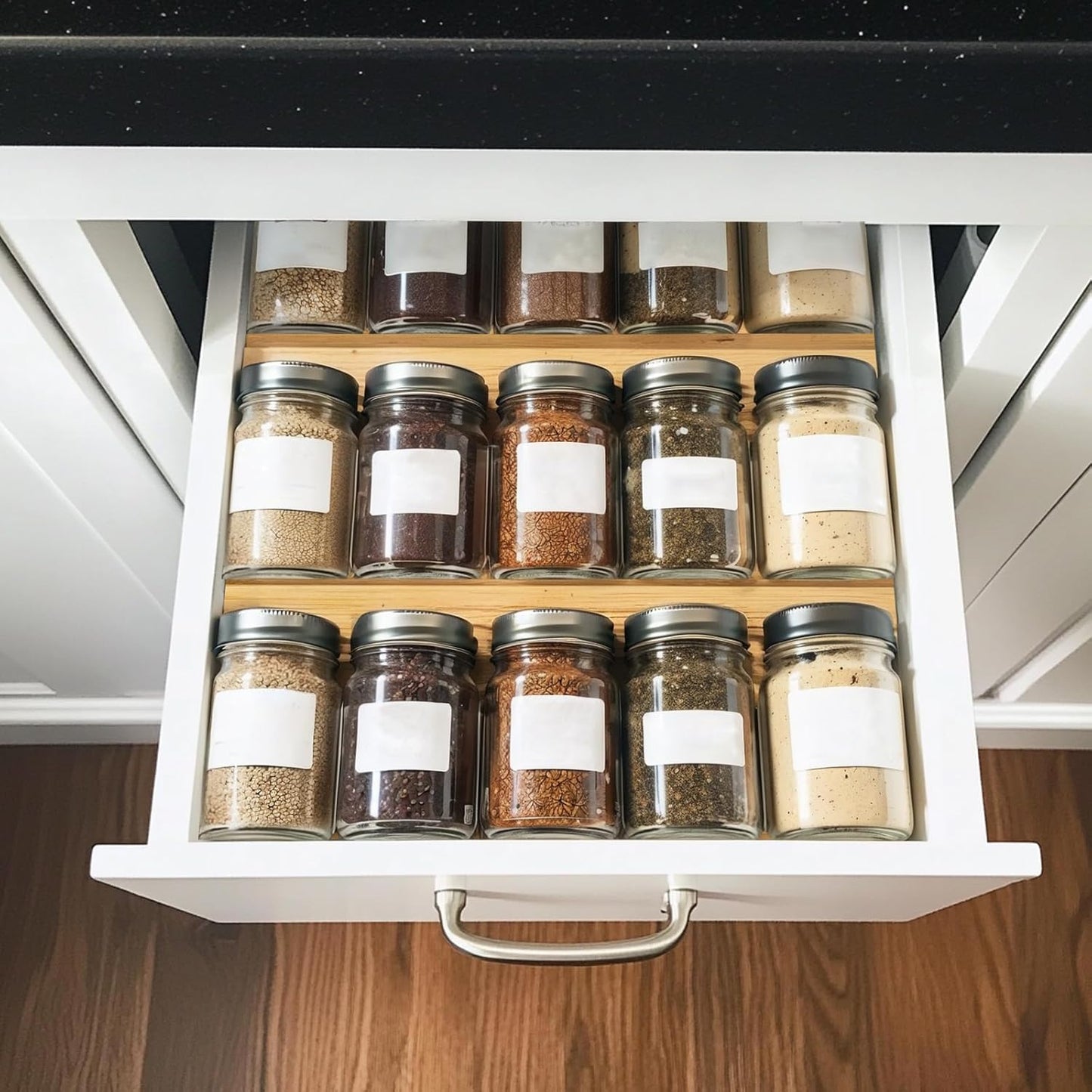 Bamboo Spice Rack For Drawer,4Pcs Tier Stackable Seasoning Storage Organizer Insert,for Kitchen Condiments Storage Insert(Jars Not Included,Combined Size:18.9" D x 9.5" W x 1.8" H）