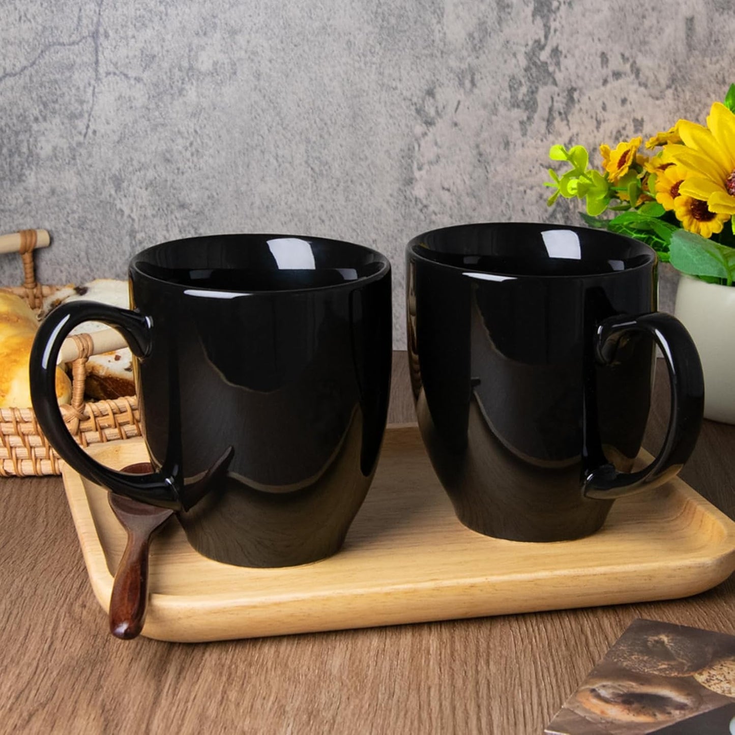 Set of 2 Durable 16 oz Coffee Cups, Large Black Coffee Mugs with Ergonomic Handle, Ceramic Mugs Dishwasher & Microwave Safe, Ideal Tea Mugs for Home, Office, Gifts (Coffee, Tea, Hot Cocoa, Latte Cup)