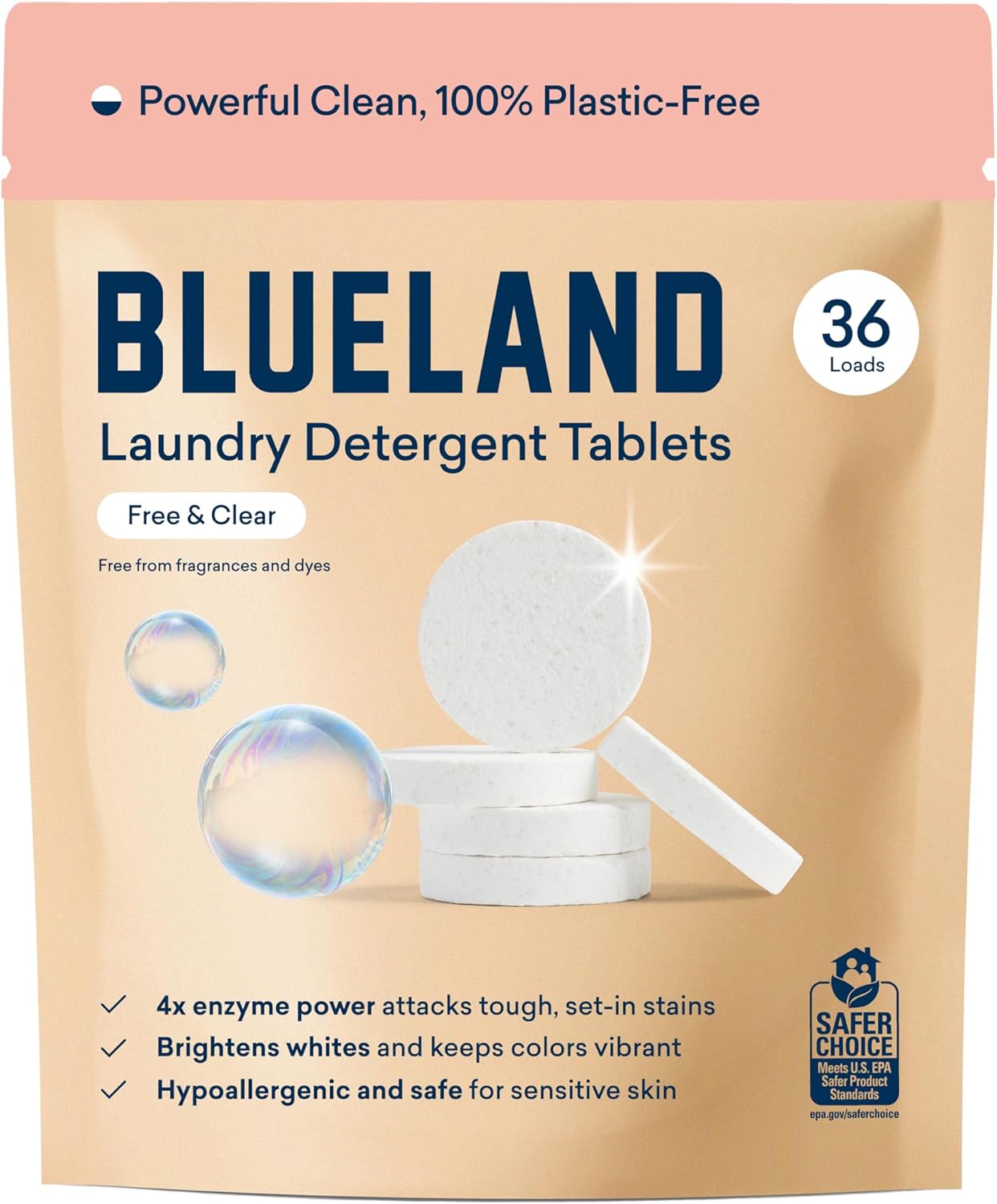 BLUELAND Laundry Detergent Tablets, 36 Count, Plastic-Free Eco-Friendly Pods, Sheets, Liquid Alternative - Fragrance Free and Clear, Natural, Gentle