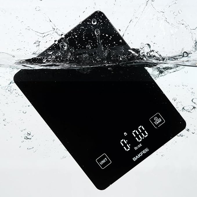 IP67 Waterproof Food Scale with Tempered Glass Surface, 22lb Kitchen Scale 1g Precision, USB Rechargeable, LED Display, Grams and Ounces, for Baking, Cooking, Making Sourdough Bread. Black