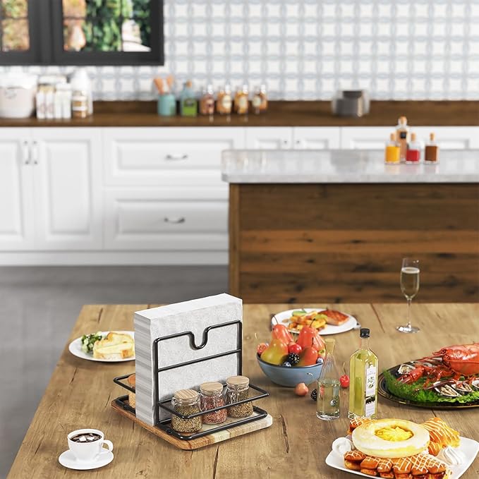 Napkin Holder for Table, 2 IN 1 Napkin Holders That Can Hold Salt Jar and Pepper Jar, Napkin Dispenser, Modern Dining Table Decor, Metal Racks and Wooden Bases, Burlywood