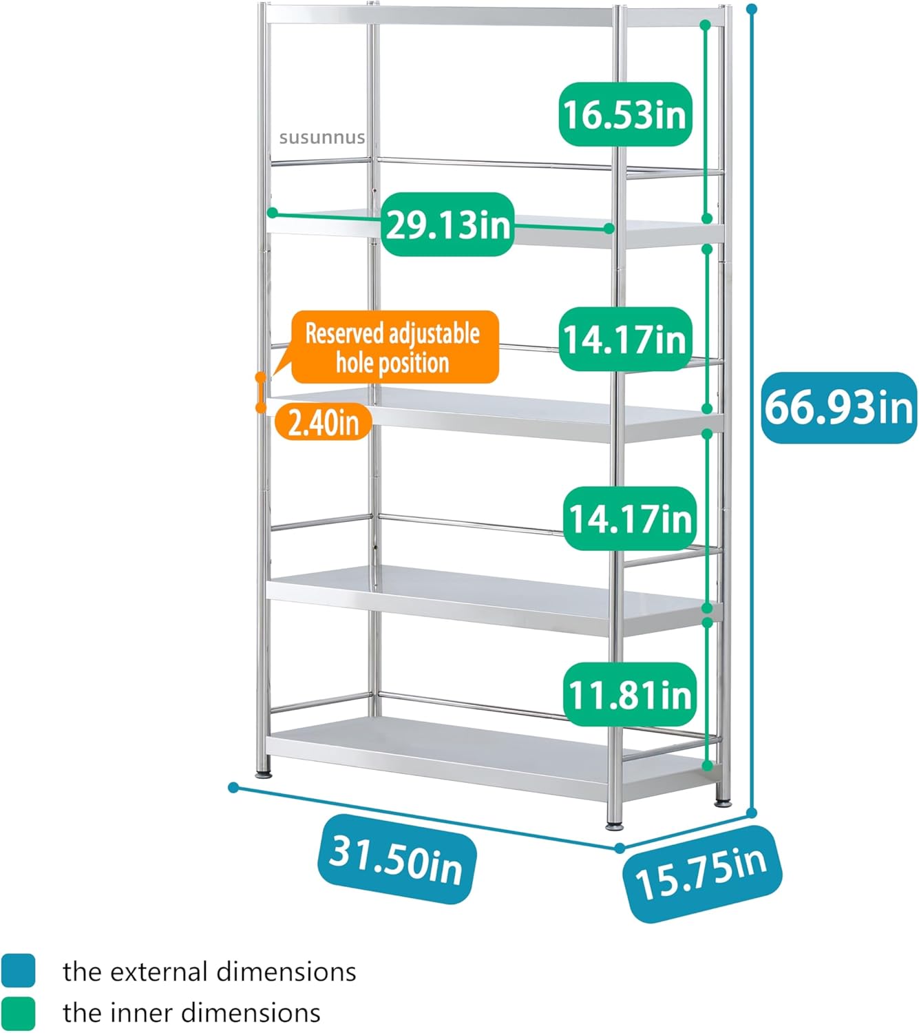 susunnus 5-Tier Stainless Steel Shelf, Heavy Duty Shelving for Kitchen, Garage, Industrial Storage, Kitchen Shelves with Guardrails, Adjustable Feet, Easy to Clean
