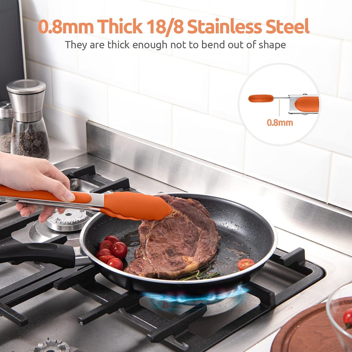 600ºF Heat Resistant Kitchen Tongs: U-Taste 9 inch Silicone Cooking Tong with Firm Sealed Non Stick Rubber Tips & Silicon Coated 18/8 Stainless Steel Handle & Smooth Locking for Serving Grill (Orange)