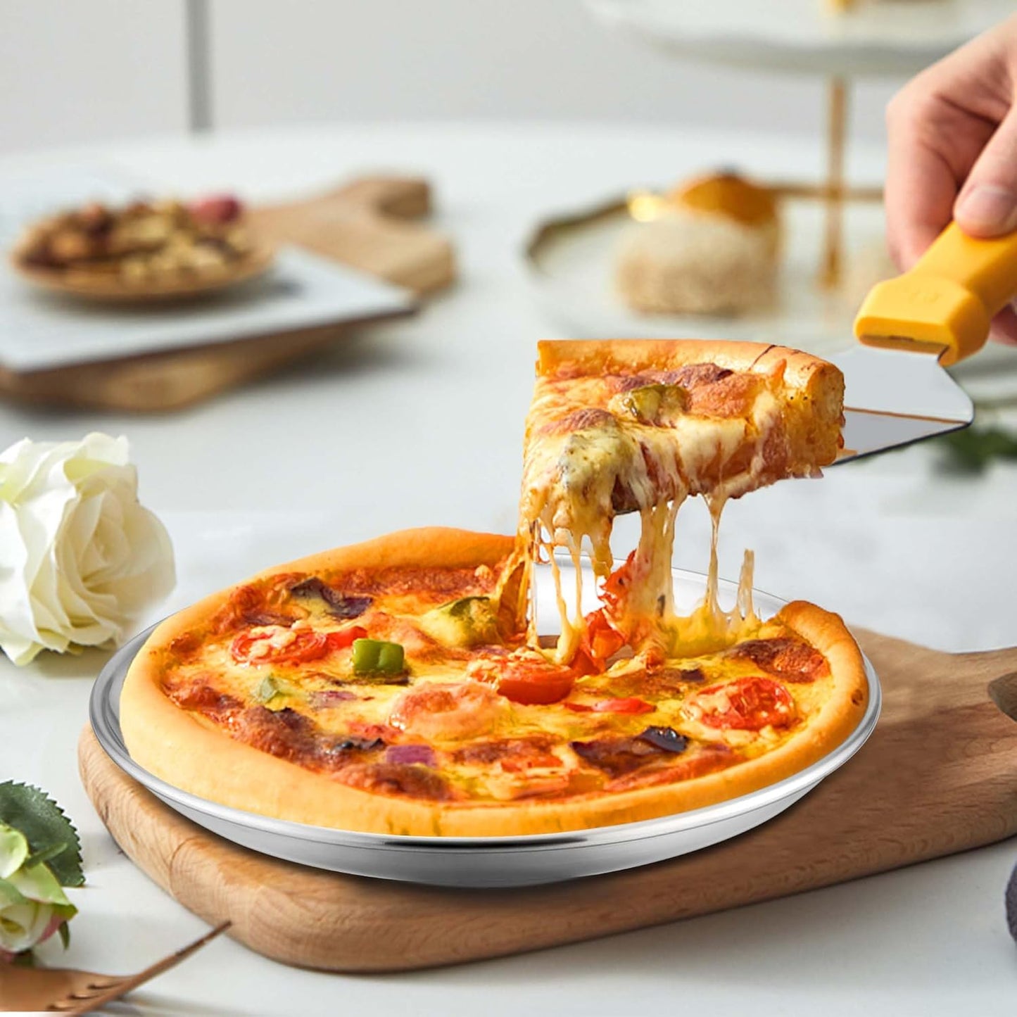 TeamFar 9 Inch Pizza Pan Set of 2, Stainless Steel Small Crispy Pizza Tray, Round Pizza Dish Plates for Toaster Oven Baking Cooking, Healthy & Heavy Duty, Easy Clean & Dishwasher Safe