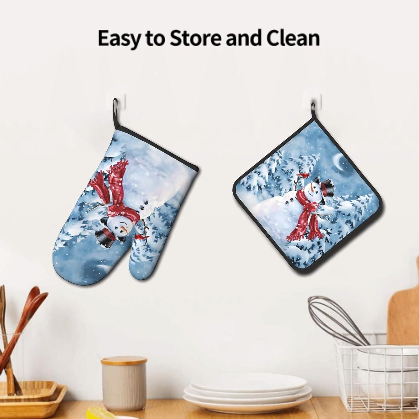 Blue Snowman Oven Mitts and Pot Holder Set of 2 Winter Snow Kitchen Gloves Potholders Heat Resistant for Chef Baking Cooking Grilling BBQ