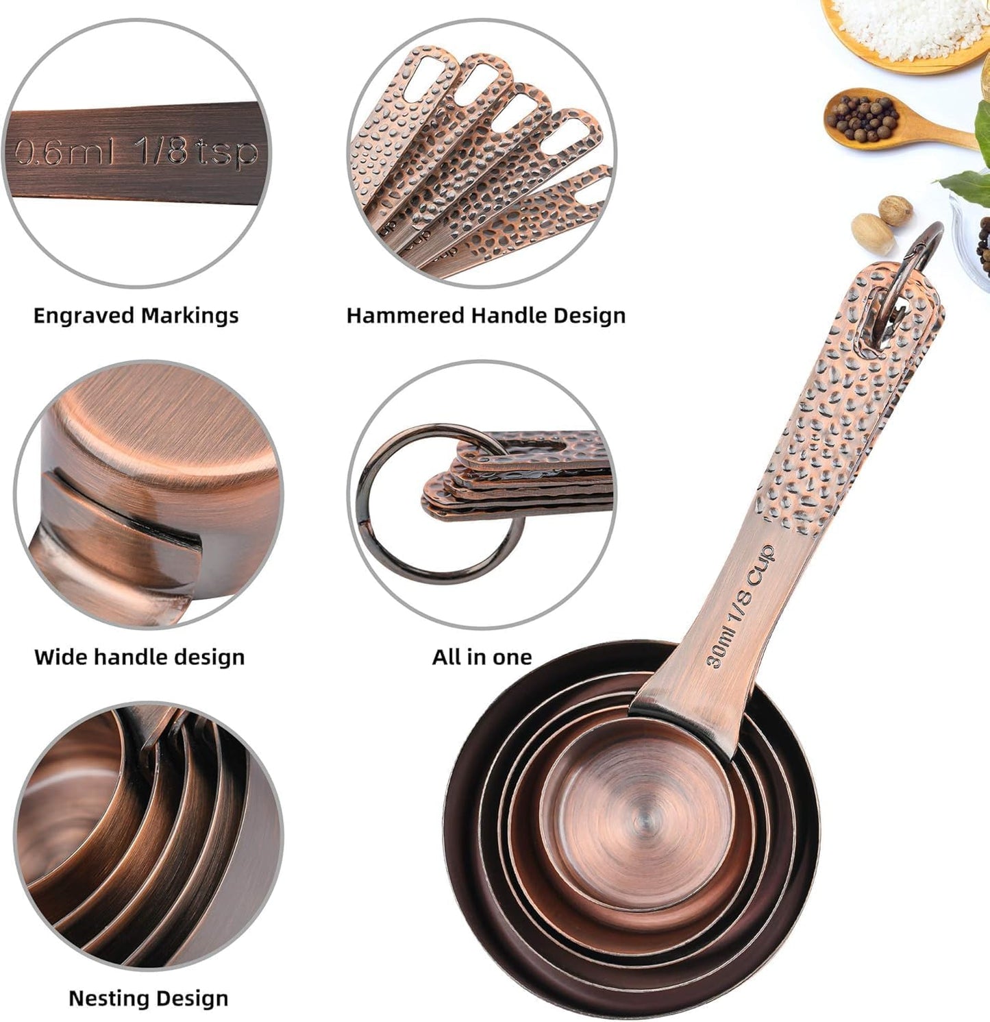 Copper Measuring Cups and Spoons Set 19 for Kitchen and Baking, Dry & Liquid, Metal Metric&US Measuring Cups and Spoons Set for Dry and Liquid