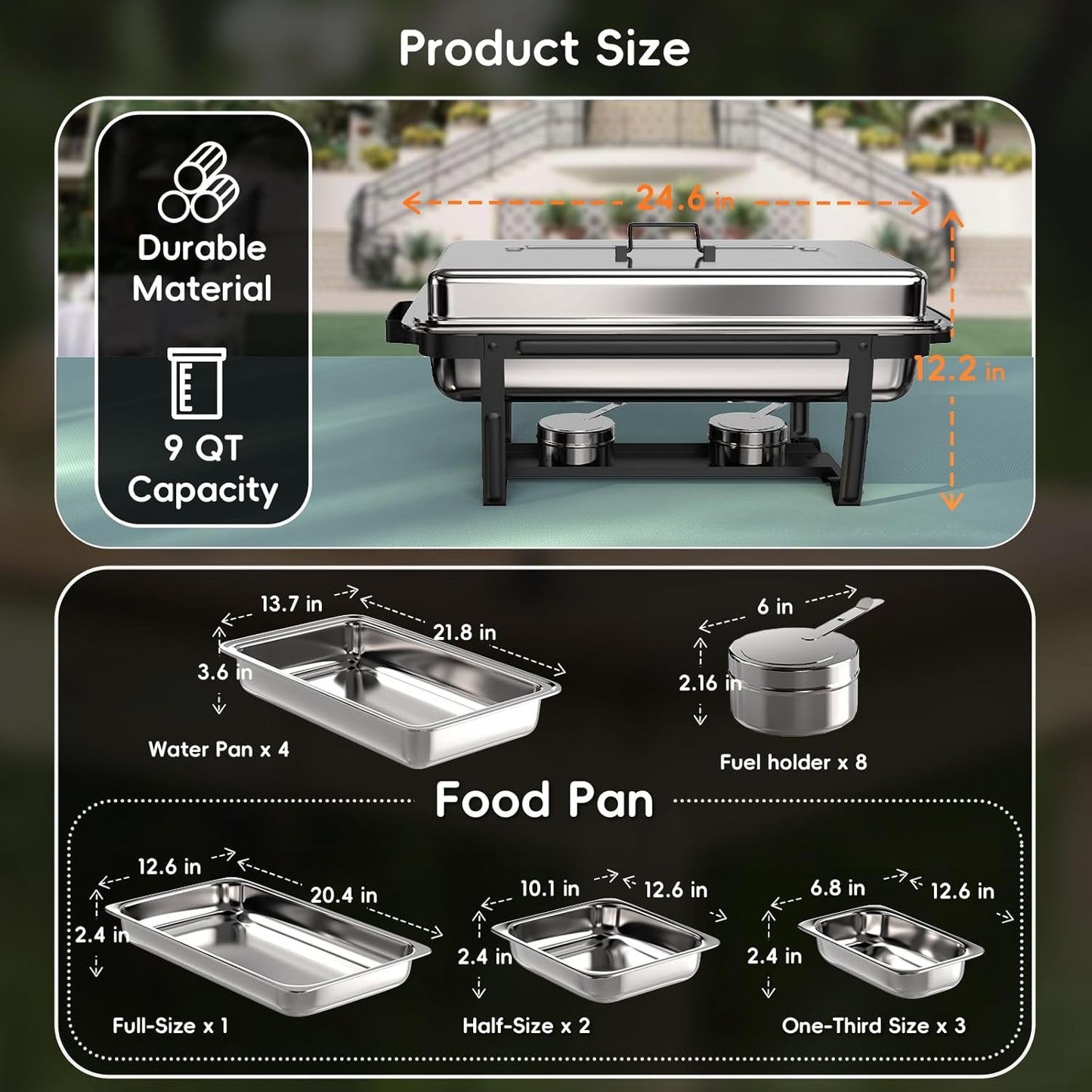 sifer Chafing Dishes for Buffet 9Qt 4 Pack [Multi-Size Food Pans] | Chafing Dishes with 80% Faster [Screwless Installation] and Stacking Design [Easy Storage] for Fathers Day Party/Wedding