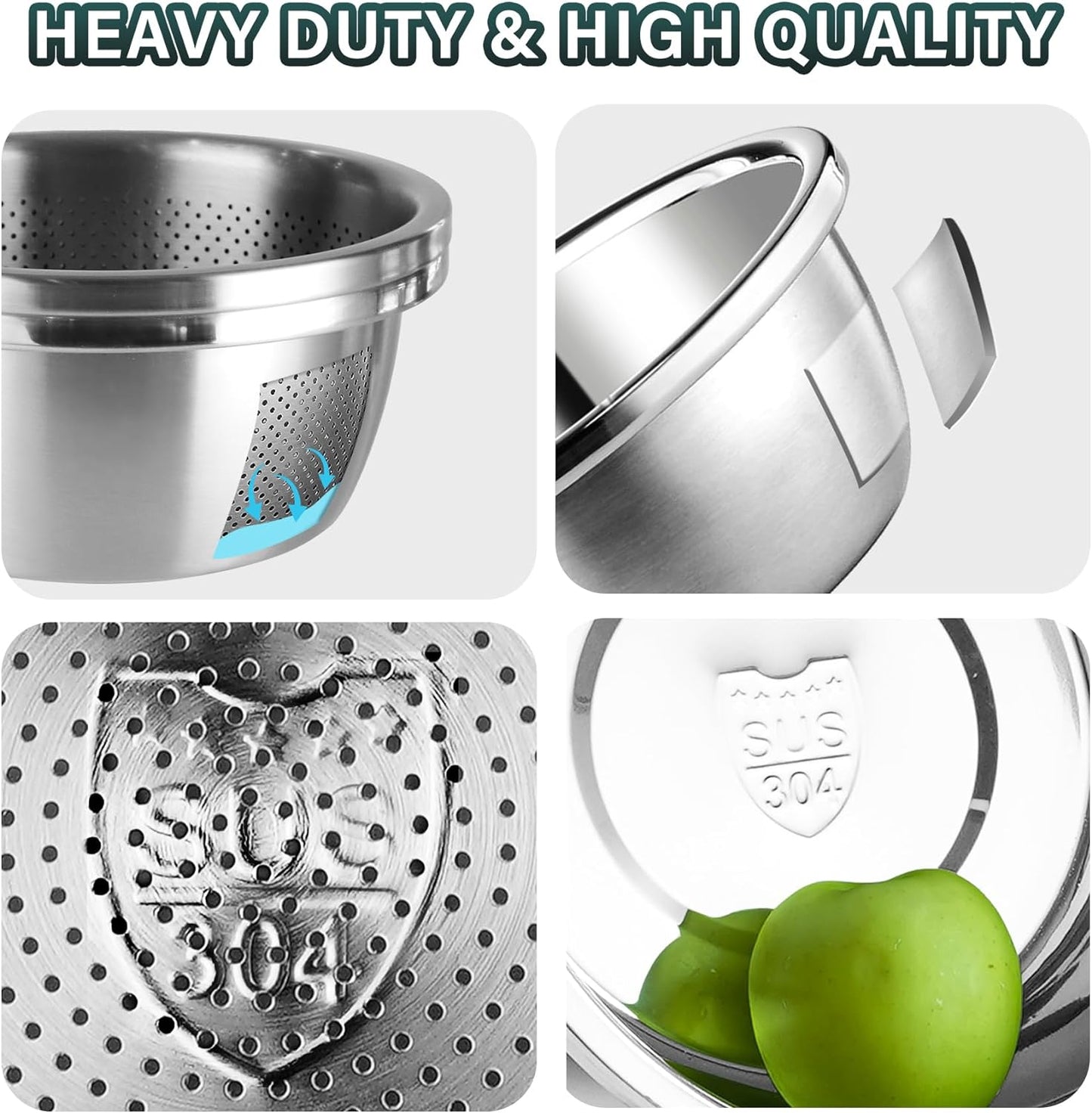 304 Stainless Steel Colander 5QT Microporous Colander & Large Bowl for Kitchen,Rice Strainer with Salad Mixing Bowl for Pasta Straining,Fruit Washing,Vegetable Draining,Food Mixing(2PCs)