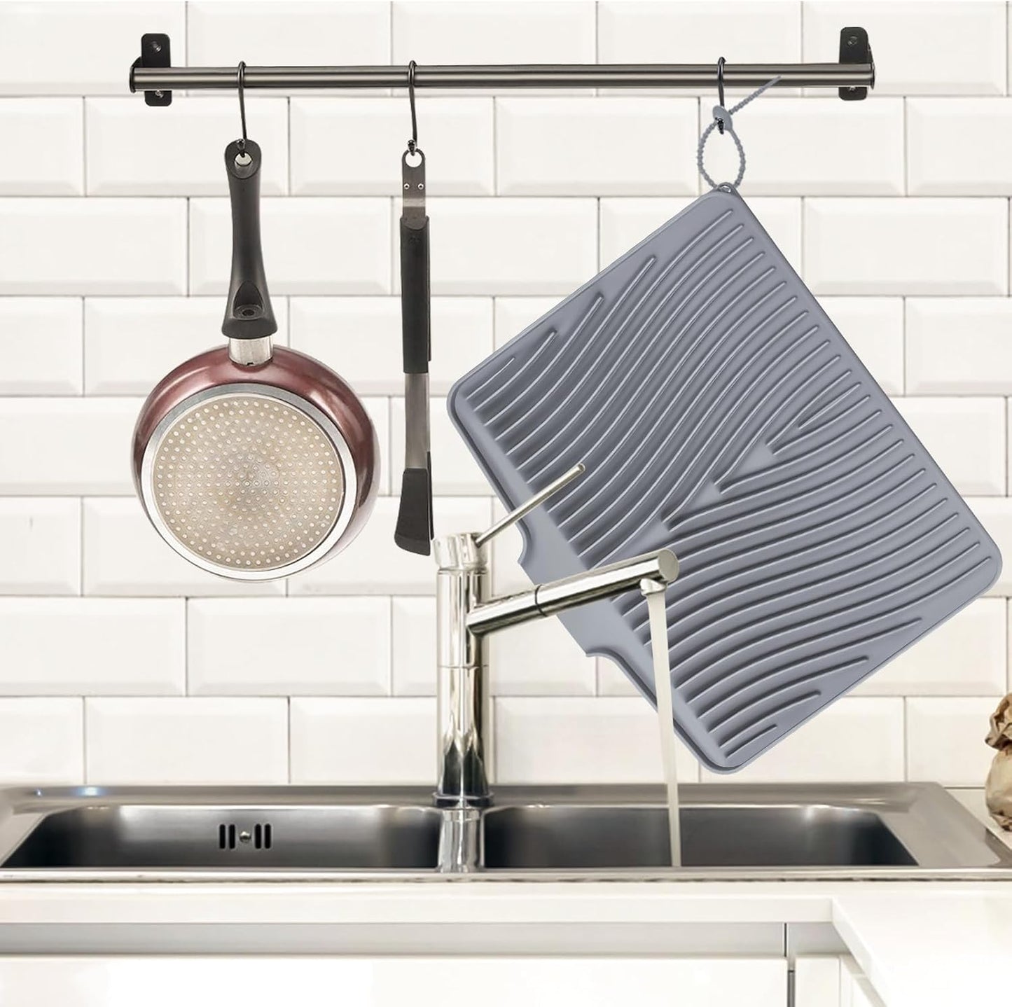 Silicone Dish Drying Mat, Stone Drying Mat for Kitchen Counter with Built-In Drain, Non-Slip Drain Pad with Built-in Drain, Heat Resistant Stone Drying Mat, 1Pcs 19.7" x 17", Grey