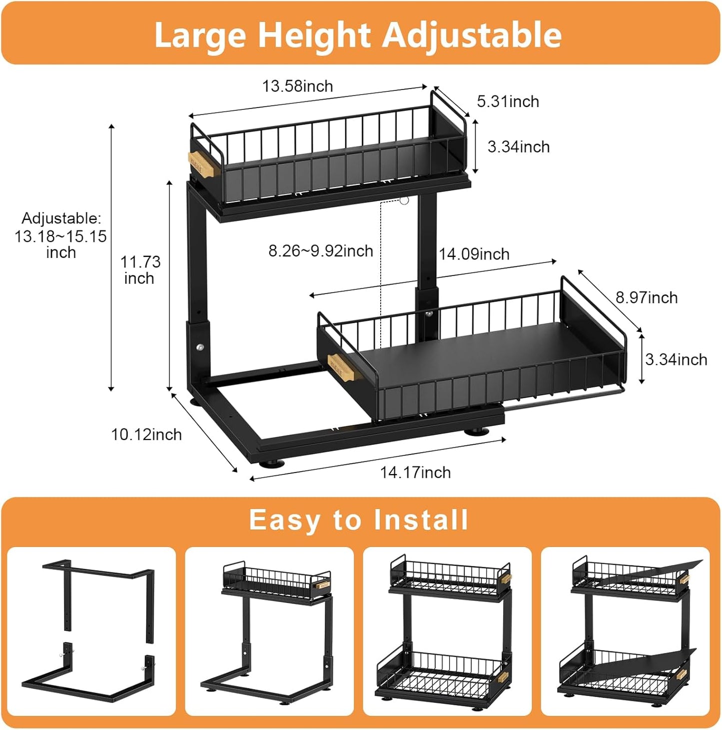 Under Sink Organizer, High Adjustable 2 Tier Under Kitchen Sink Organizer, Multi-Purpose Storage Shelf for Kitchen Bathroom Cabinet, Black