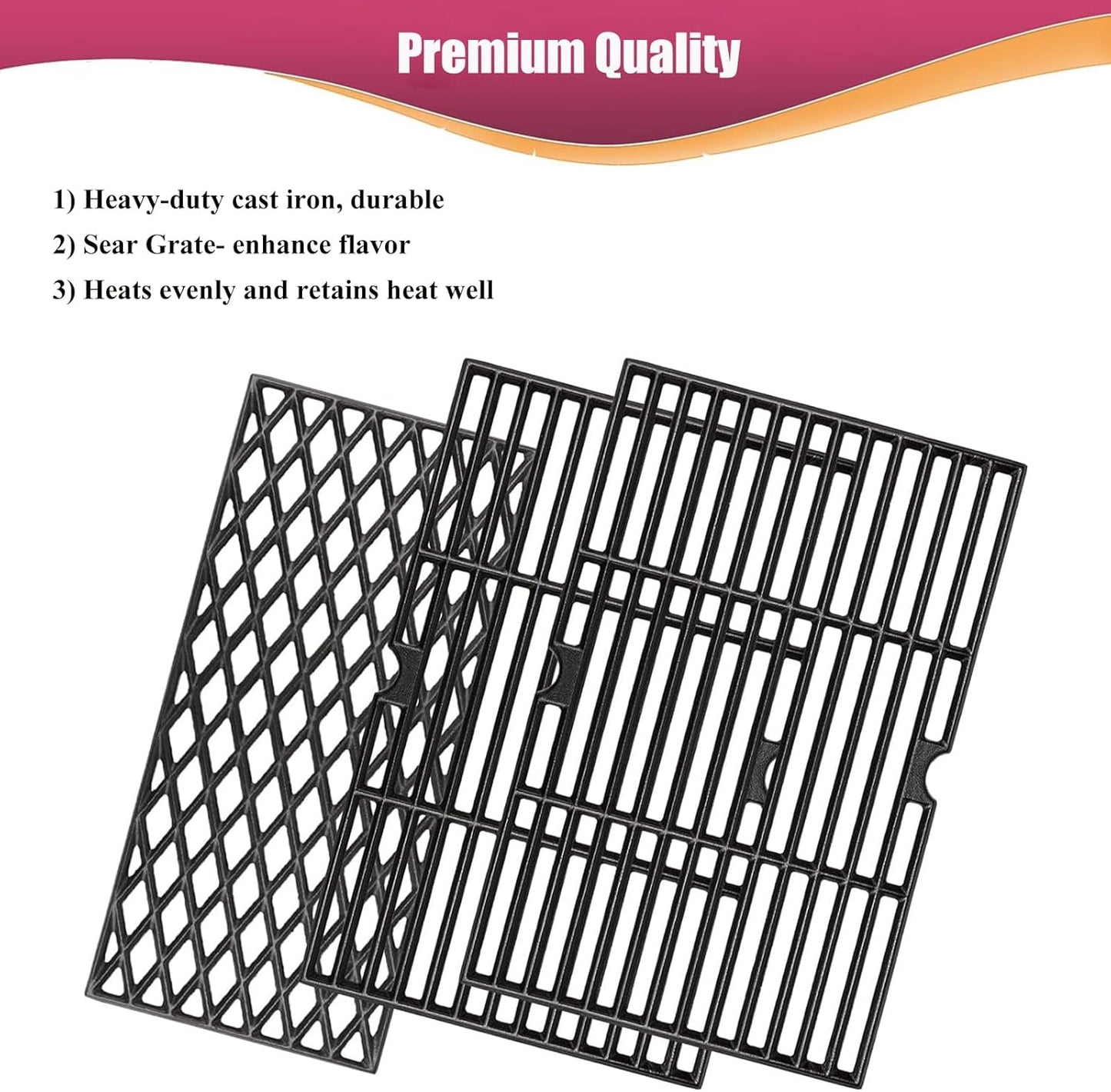 Cast Iron Grill Grates for Dyna glo DGH474CRP DGH483CRP DGF493BNP DGF493PNP-D DGB495SDP DGB495SDP-D DGB493SPB DGB463CNP DGB494SPB 70-01-911 70-02-656, Cooking Grate Replacement Part, 3 pieces