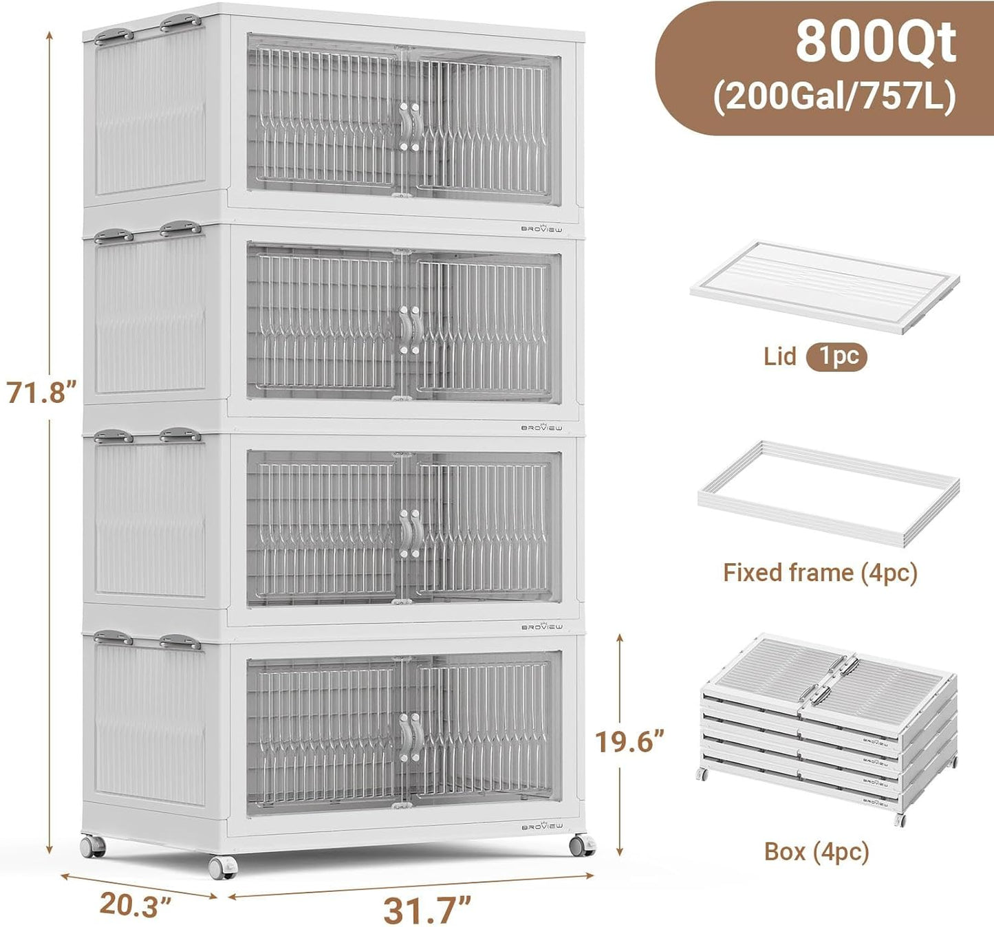 800Qt Extra Large Stackable Storage Bins with Lid, Closet Organizer Collapsible Drawer Boxes with Wheels, Folding Plastic Cabinet Containers for Home Kitchen Room Organization, 4Pack White