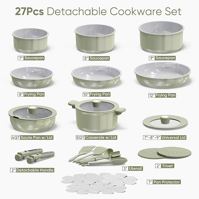 CAROTE 27pcs Ceramic Cookware Set Nonstick, Pots and Pans Set Non stick, Non Toxic Cookware, Dishwasher/Oven Safe, RV/Camping Cookware Set, Pan and Pot with Kitchen Utensils, Green