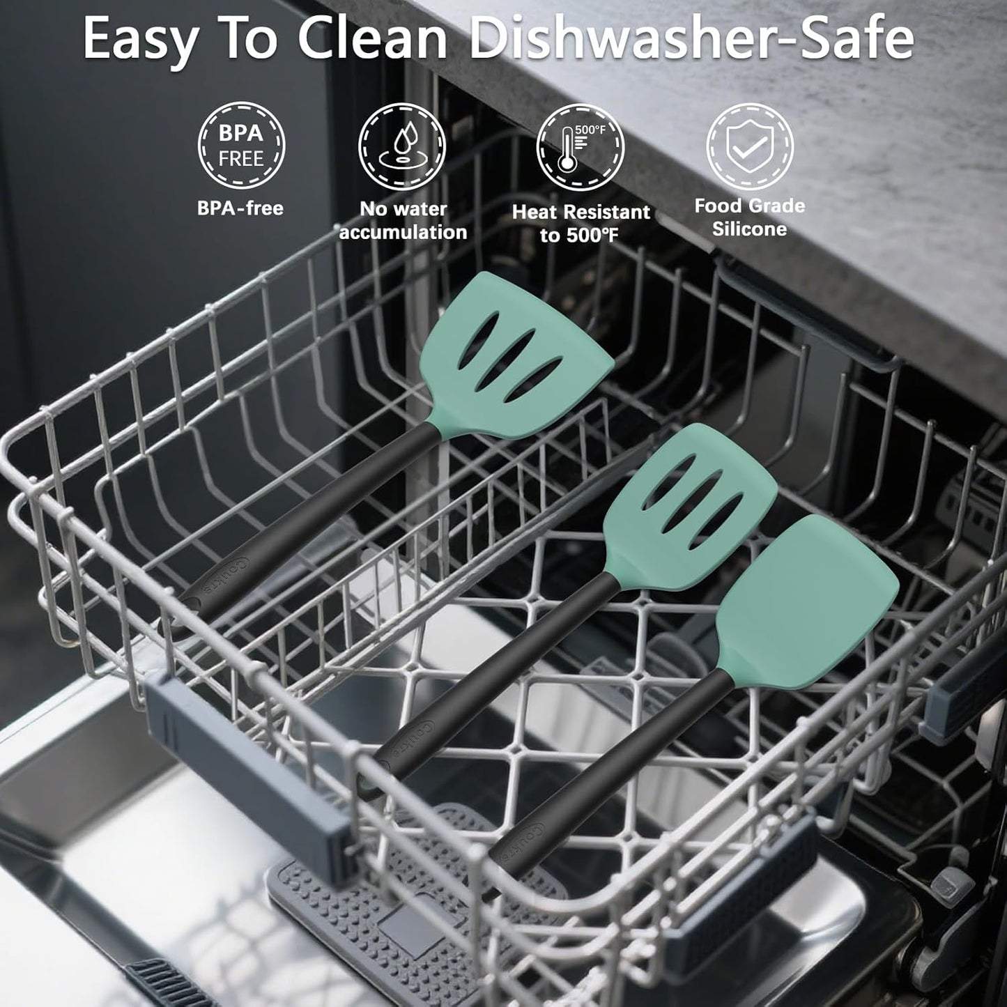 Coukre Silicone Kitchen Cooking Utensils Set with Holder – Heat-Resistant, Food-Grade Kitchen Tools, Spatula, Spoon & Gadgets for Non-Stick Pans, Dishwasher Safe (14, AquaGreen)