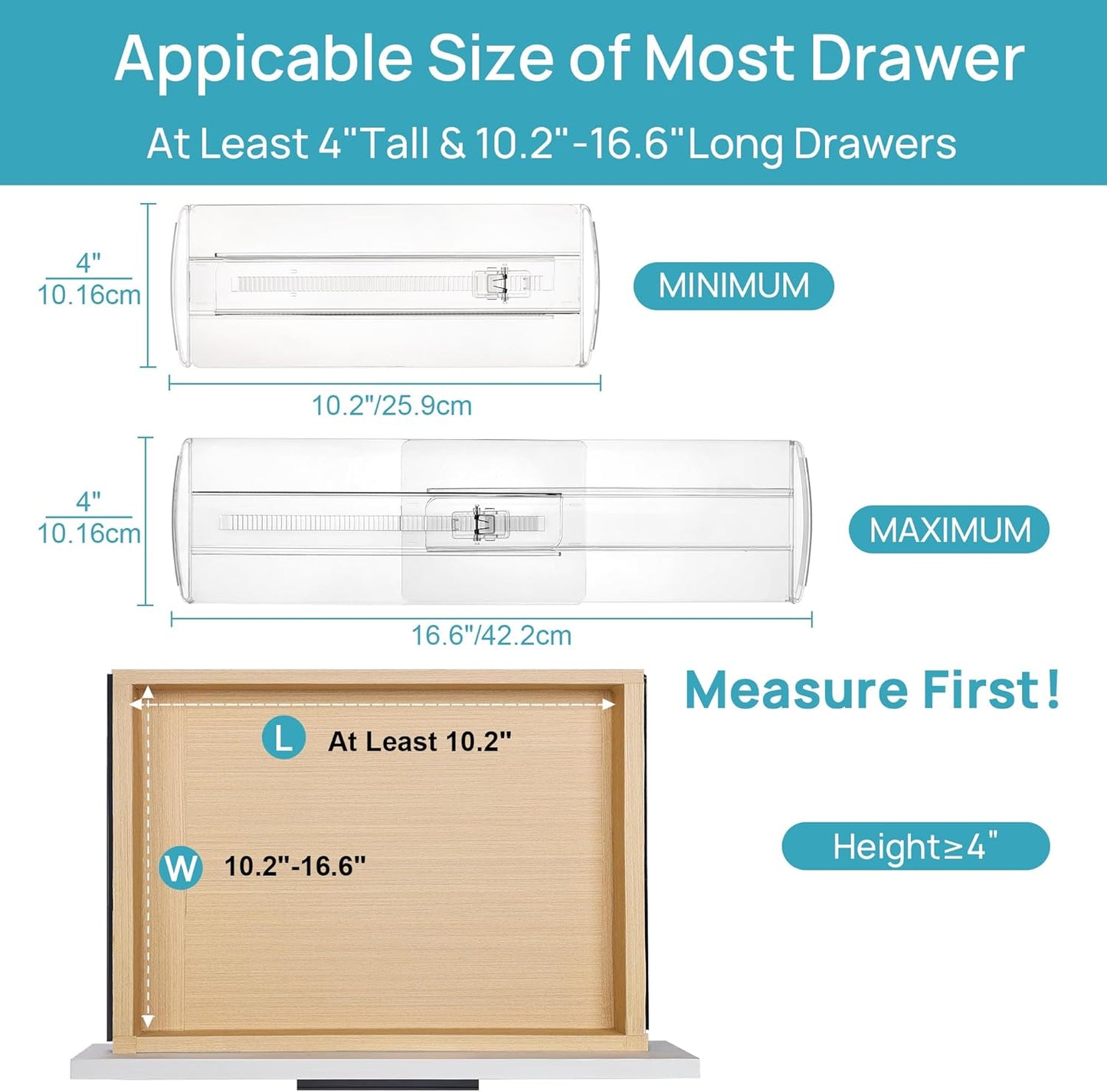 Vtopmart 8 Pack Drawer Dividers for Clothes, 4" High 10.2"-16.6" Adjustable Expandable Dresser Drawer Organizer, Clear Plastic Separators for Dresser, Baby Clothing, Underwear, Cosmetic, Toiletries