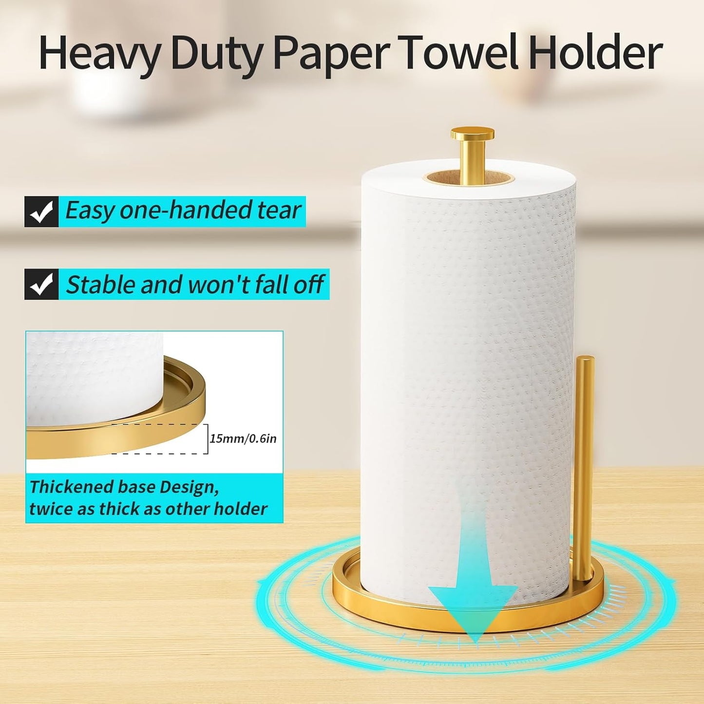 Paper Towel Holder Countertop, Standing Paper Roll Holder with Anti Slip Weighted Base, Stainless Steel Freestanding Paper Towel Holder for Kitchen, Gold