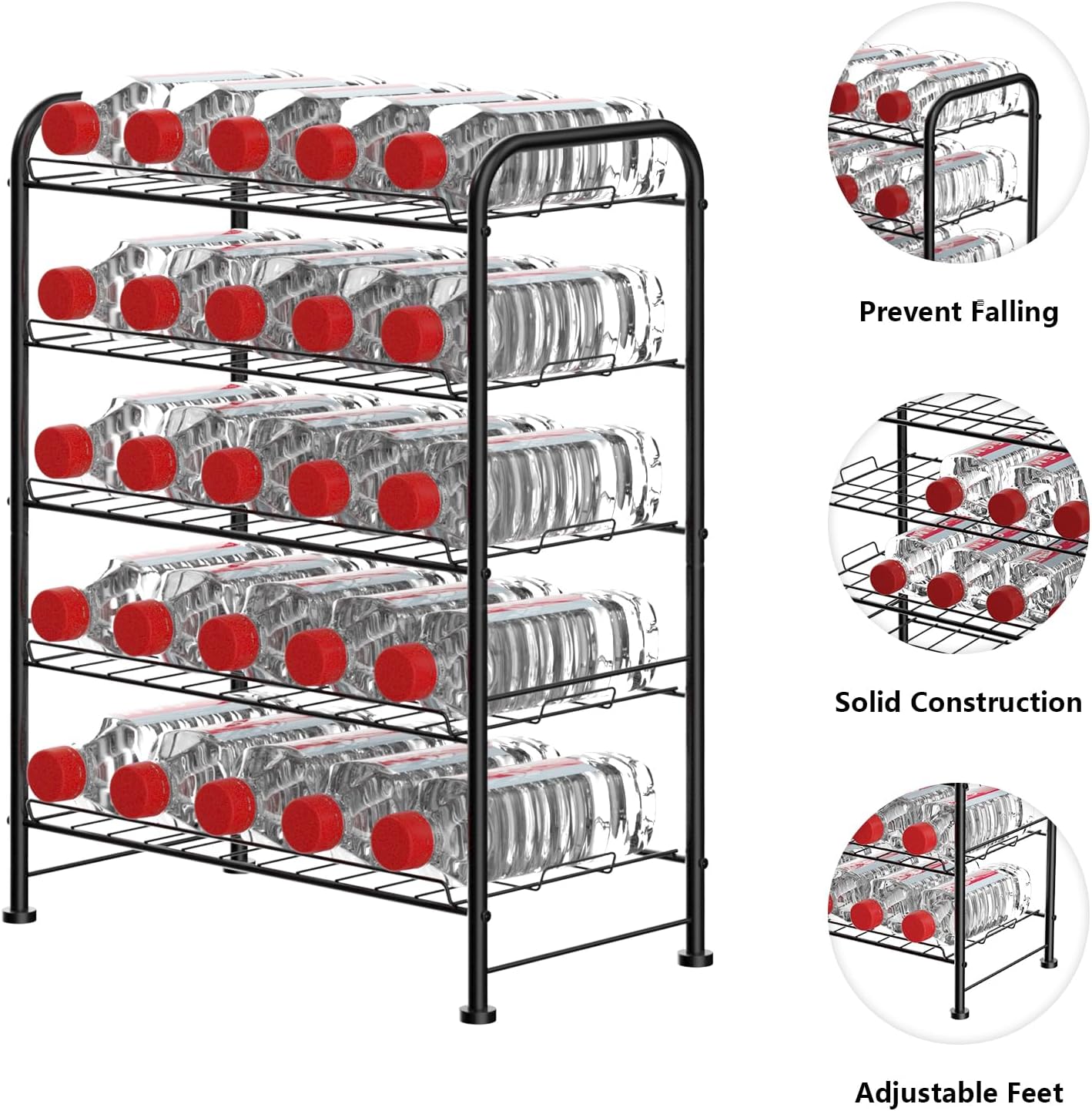 OYEAL Water Bottle Storage Rack 5 Tier Bottled Water Holder Organizer Freestanding Floor Beverage Soda Drink Stand Shelf for Kitchen Pantry Can Storage, Hold 30 Bottles, Black