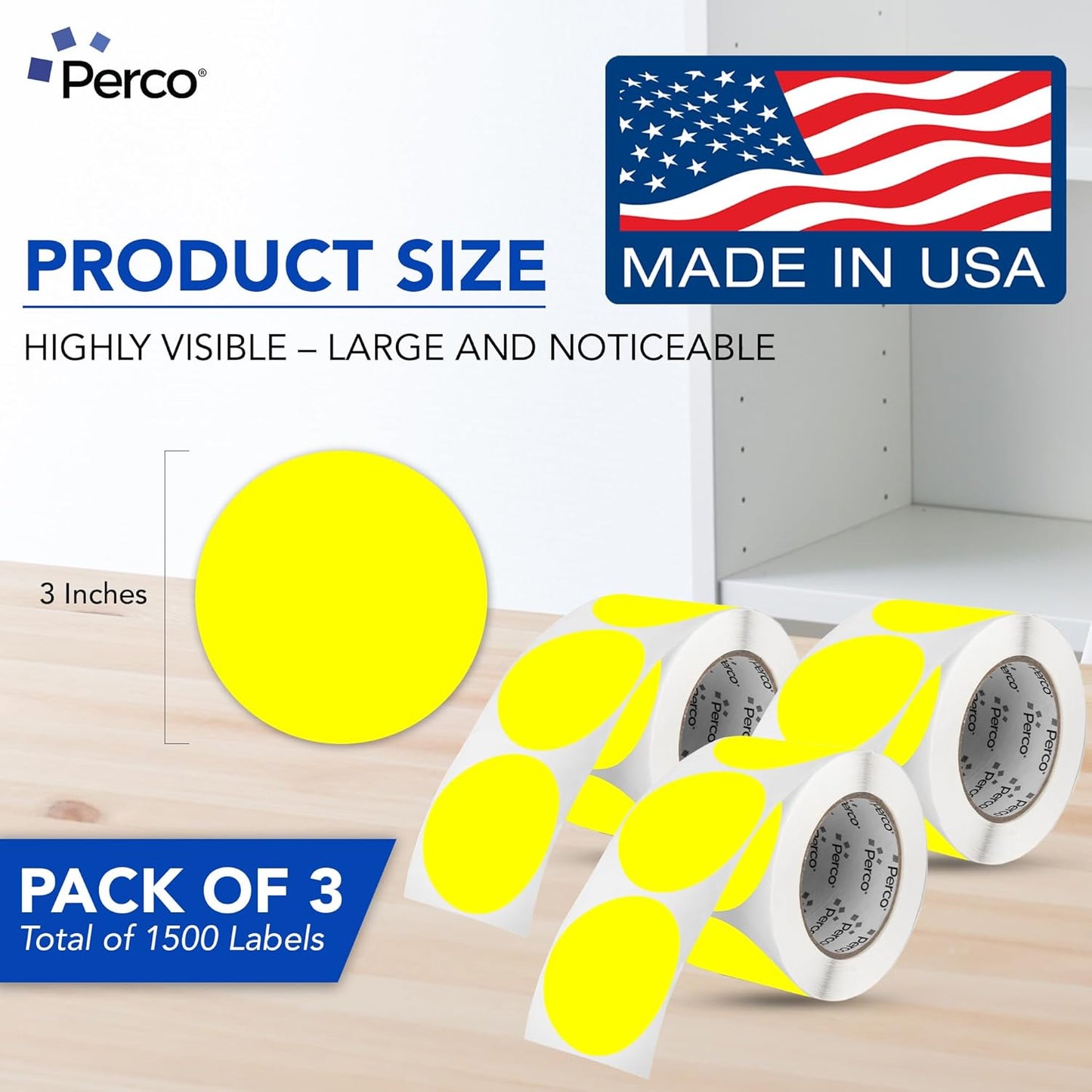 Perco Fluorescent Yellow 3-Inch Round Circle Dot Sticker Labels - Multi-Roll Pack (3 Rolls, 500 Labels Each) - Permanent Adhesive, Vibrant Colors, Strong Hold - Perforated for Easy Use - Made in USA