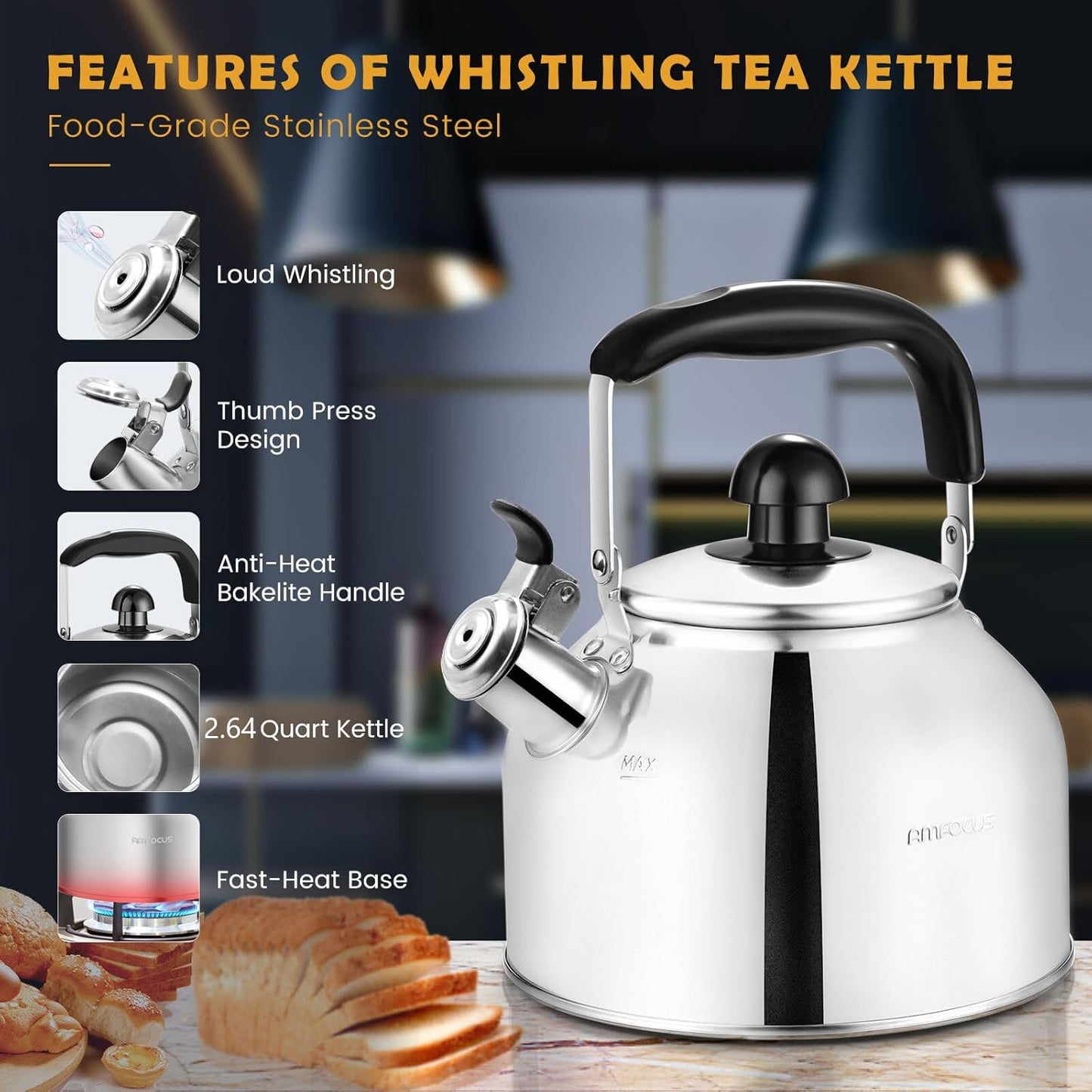AMFOCUS Tea Kettle Stovetop, Whistling Tea Kettle Pots for Stove Top, 2.64 QT Food Grade Stainless Steel Teakettle Teapot with Cool Grip Folding Handle, Hot Water boiler for Tea, Milk, Coffee