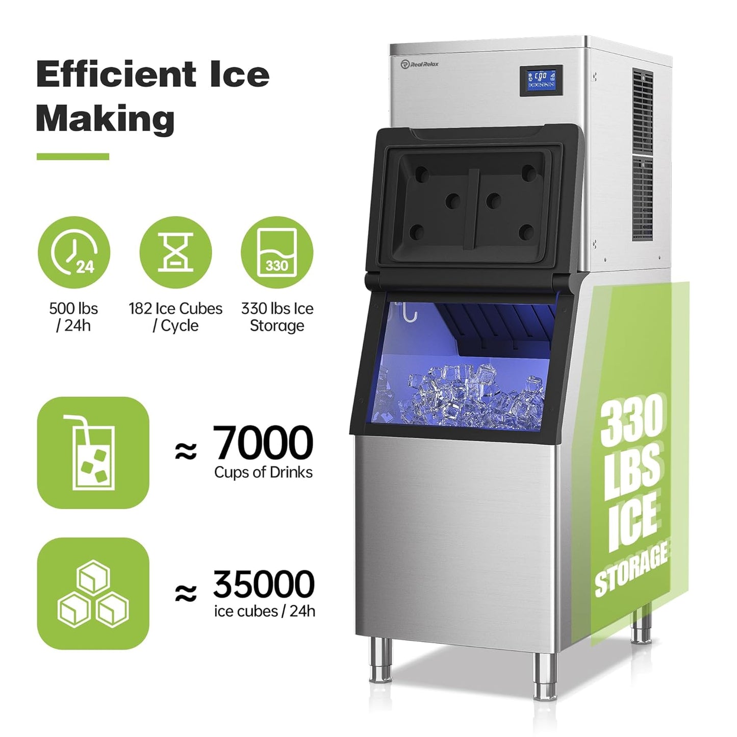 Commercial Ice Maker Machine, 550 lbs /24 h, 330 lbs Storage Bin, ETL Approval Industrial Ice Machine, Stainless Steel, Automatic Cleaning, Perfect for Bar/Cafe/Restaurant, with Ice Shovels