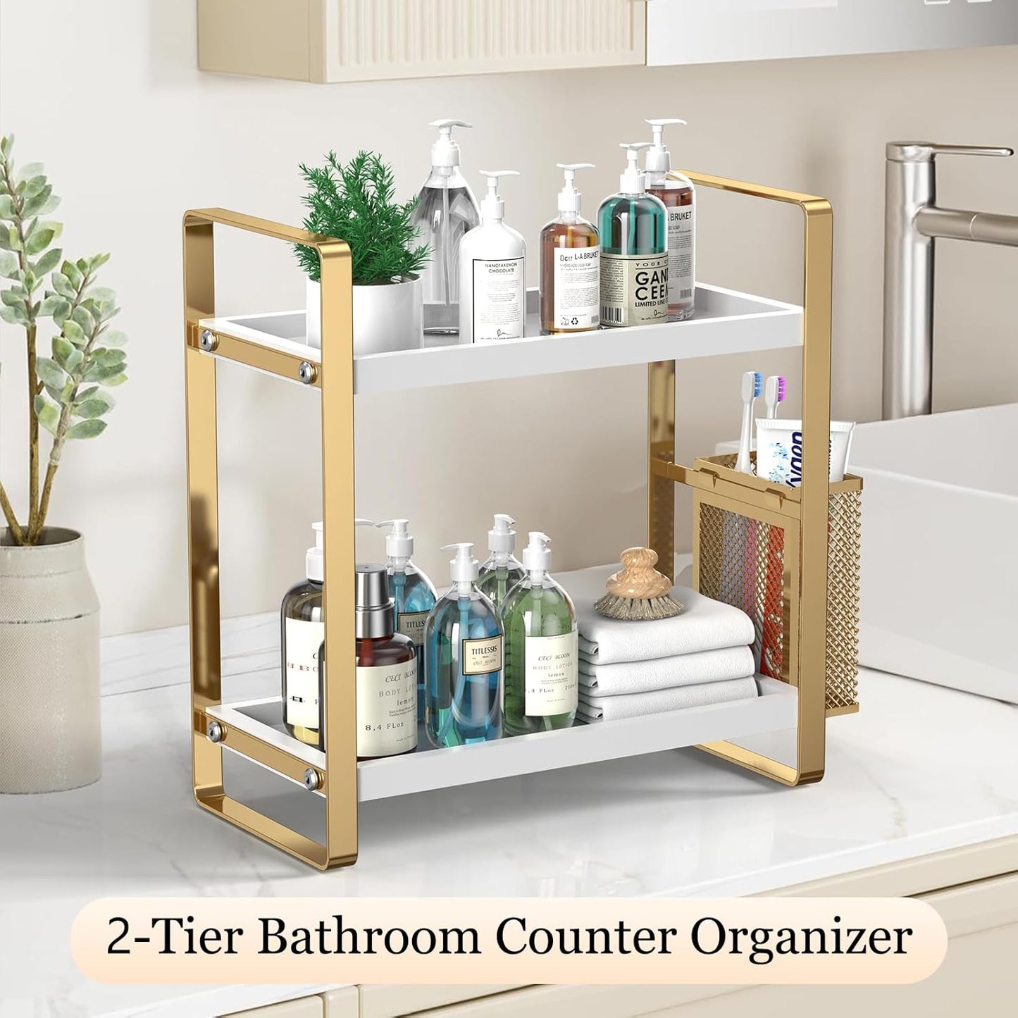 Bathroom Counter Organizer, Wood Vanity Trays with Basket, Skincare Countertop Organizers, Large Capacity Makeup and Perfume Organizer