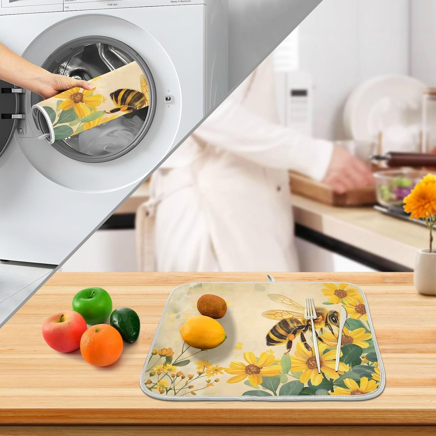 Honey Bee Dish Drying Mat for Kitchen Counter Absorbent Microfiber Small Drying Pad Dish Yellow Flowers Leaves Mats for Kitchen Countertops 16 x 18 Inch
