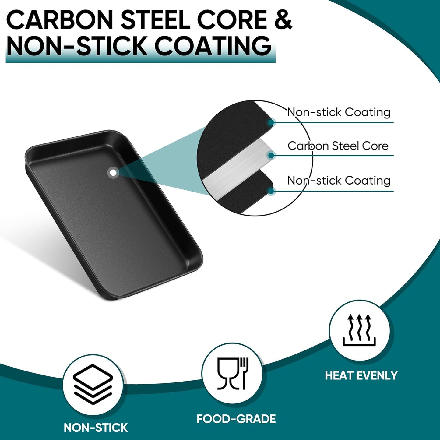 E-far Baking Sheet Set of 2, 10.5" x 8" x 1" Cookie Sheet Pan for Baking, Nonstick Carbon Steel Baking Trays for Toaster Oven, Heat-Resistant & Easy Clean, Black