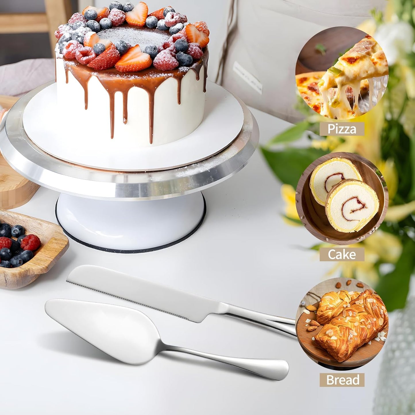 Silver Cake Cutting Set for Wedding, Premium Stainless Steel Cake Knife, Premium Cake Cutter set is Great for Birthdays, Anniversary Parties, and Christmas.Perfect for any celebration