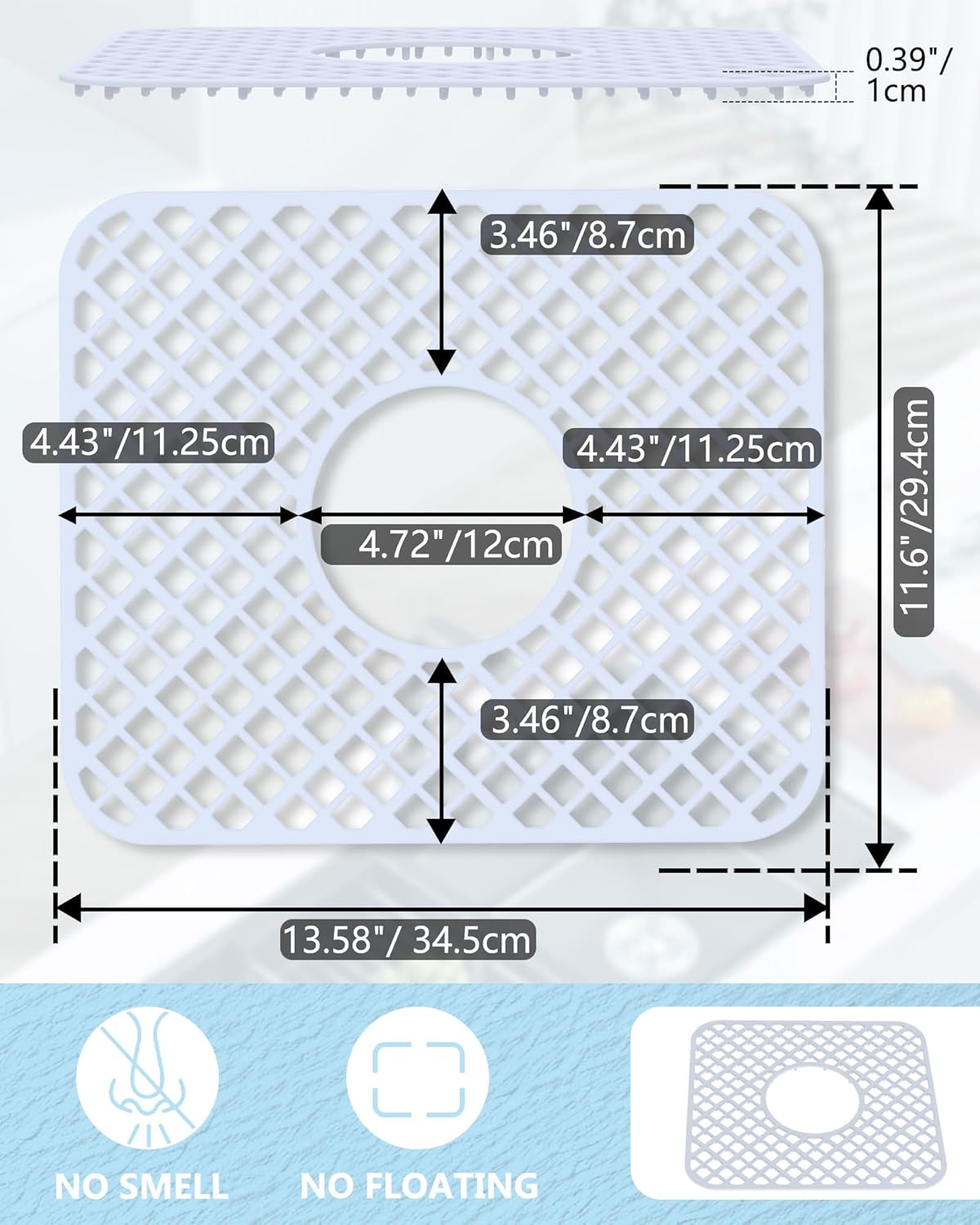 2 Pack Silicone Sink Protector for Kitchen Sink, Lozenge Pattern 13 x 11 inches Sink Grid Mat Silicone Protectors, Center Drain, White