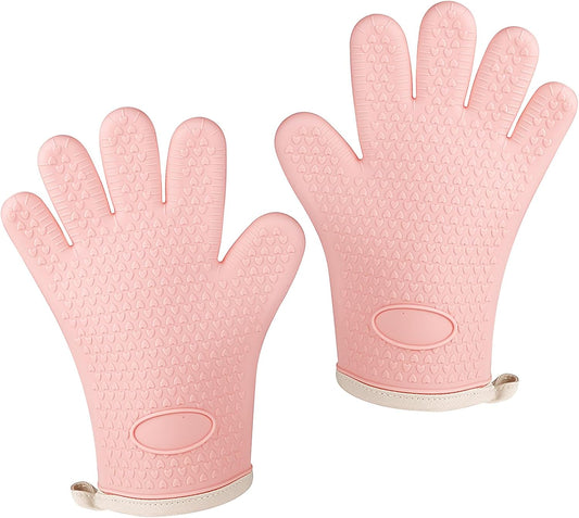 Oven Mitts with Fingers, Heat Resistant 500°F, Waterproof & Non-Slip Kitchen Gloves for Baking, Grilling, Cooking.5-Finger Design with Soft Lining, Hanging Hook,Pink