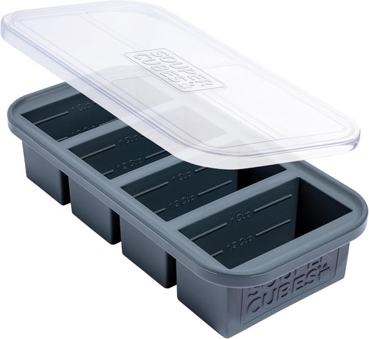 Souper Cubes 1 Cup Silicone Freezer Molds - Soup Cubes Perfect for Storing Broth, Rice, Leftovers and More - Silicone Freezer Trays with Lids for Meal Prep - Charcoal - 1-Pack