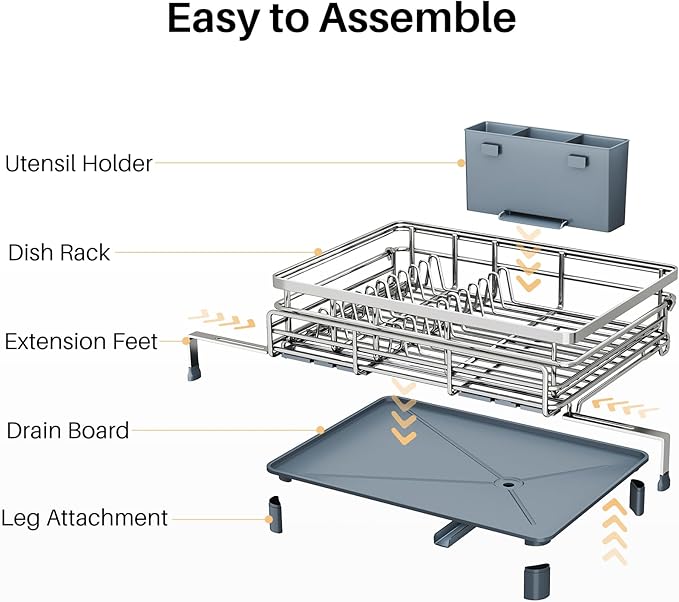 SNTD Dish Drying Rack - Extendable Dish Rack, Large Sink Drying Dish Drainer for Kitchen Counter, Stainless Steel Dish Strainer with Utensil Holder (Silver)