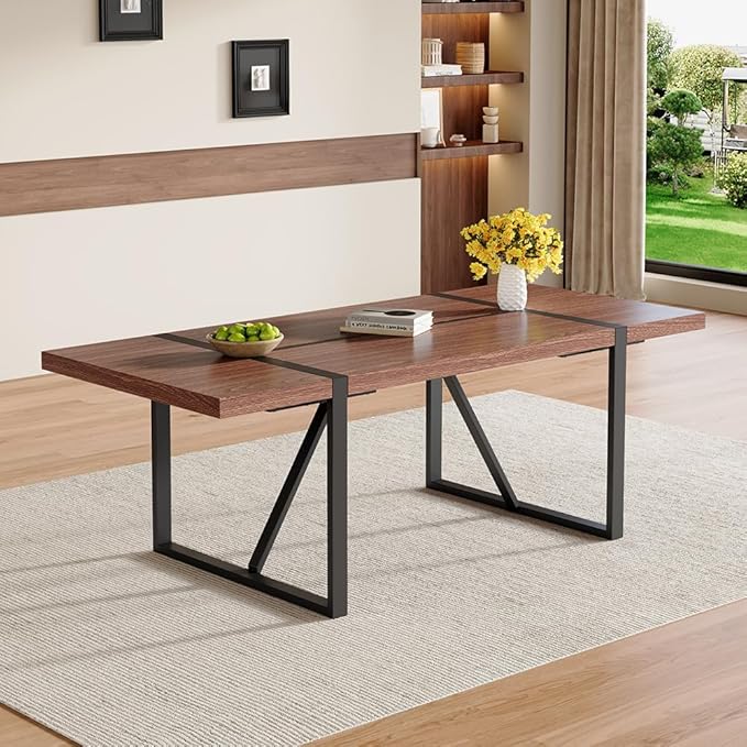 86.6" Walnut Wood Dining Table, Modern Large Rectangle Kitchen Table with Rich Wood Grain Finish, Sturdy Dining Room Table for 6-10 People, Perfect for Home, Apartment, or Office