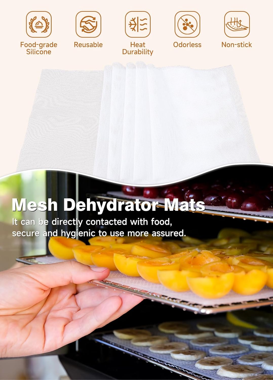 SUCISENI 6 Pack Silicone Dehydrator Sheets (14 x 21 Inch) Premium Non-Stick Silicone Mesh Mat for Fruit Food Dehydrator Reusable Dehydrated Tray Liners for Fruits Meat Vegetables Herbs