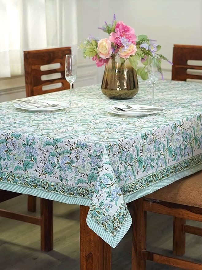 Ridhi Sage and Russian Green Hand Block Print Cotton Rectangle Tablecloth 160 x 72 inch-Reusable Table Cover Decorative Everyday Use for Dining Room, Farmhouse, Thanksgiving, Christmas Wedding, Fall