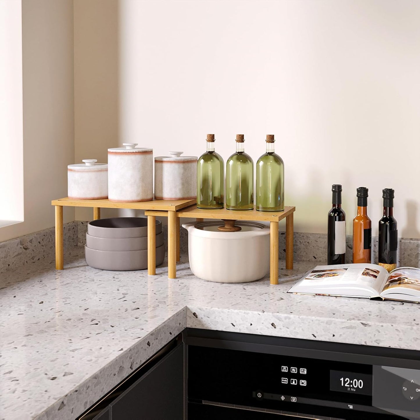 Cabinet Organizer Shelf(Set of 2),Kitchen Counter Shelves,Bamboo Stackable Expandable Spice Rack Countertop(Medium)