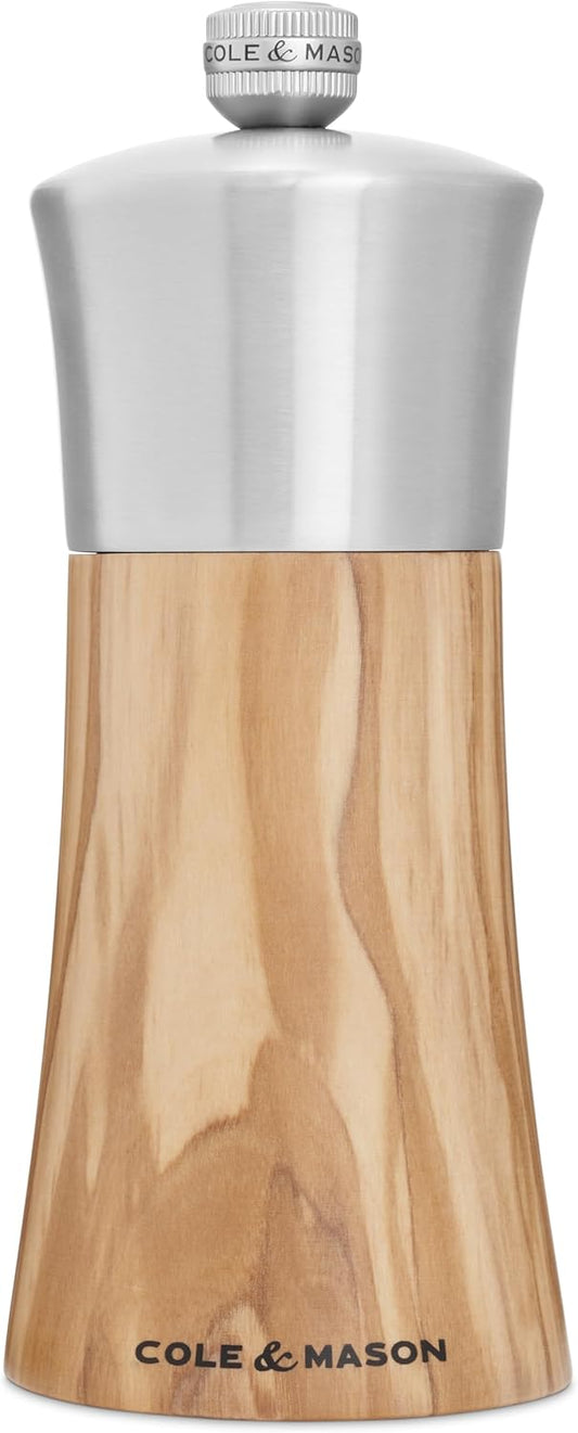 Cole & Mason Bromley Pepper Mill, 6" - Pepper Grinder with Ultra-Sharp Grinding Mechanism - Flavor-Enhancing Pepper Shaker - Refillable Mill with Adjustable Grinding - Olive Wood, Pepper Mill