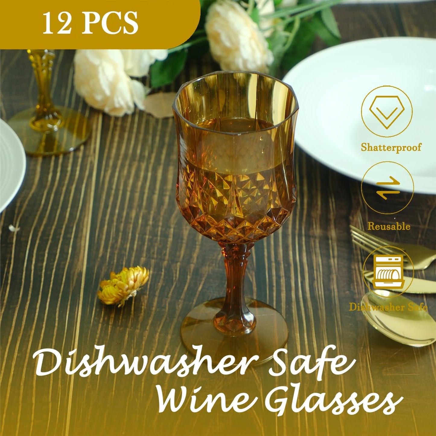 Plastic Wine Glasses，Plastic Goblets Vintage Style Cordial Drinking Glasses for Wedding Reception, Grand Event Party Supplies (12, Amber)