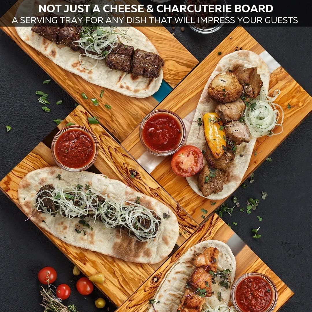 Handcrafted Italian Olive Wood Cheese & Charcuterie Board Set with Unique Gray Resin Artwork - Cutting Board Comes with 4 Cheese Knives, 2 Dipping Bowls & Corkscrew Wine Opener (Gray)