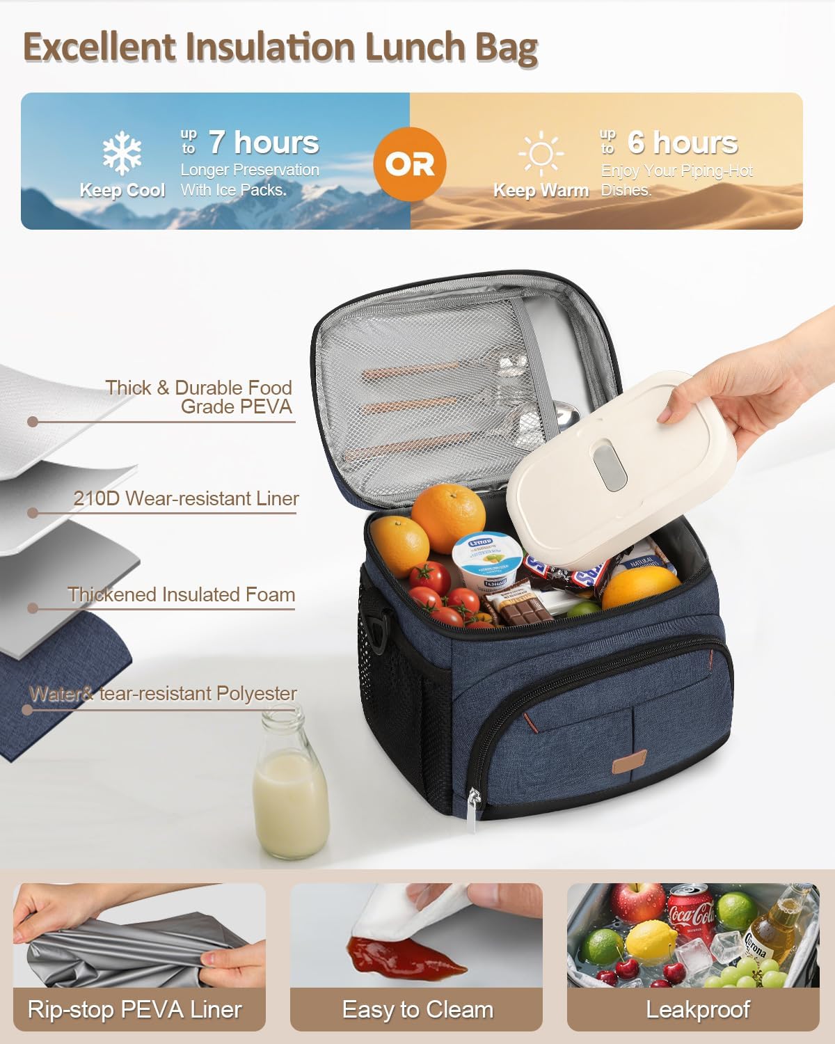 Lunch Box for Man Women, Insulated Lunch Bag Cooler Bag Leakproof Lunchbox Lunch Tote Bags with Removable Strap for Work School Picnic Travel (Blue/12L