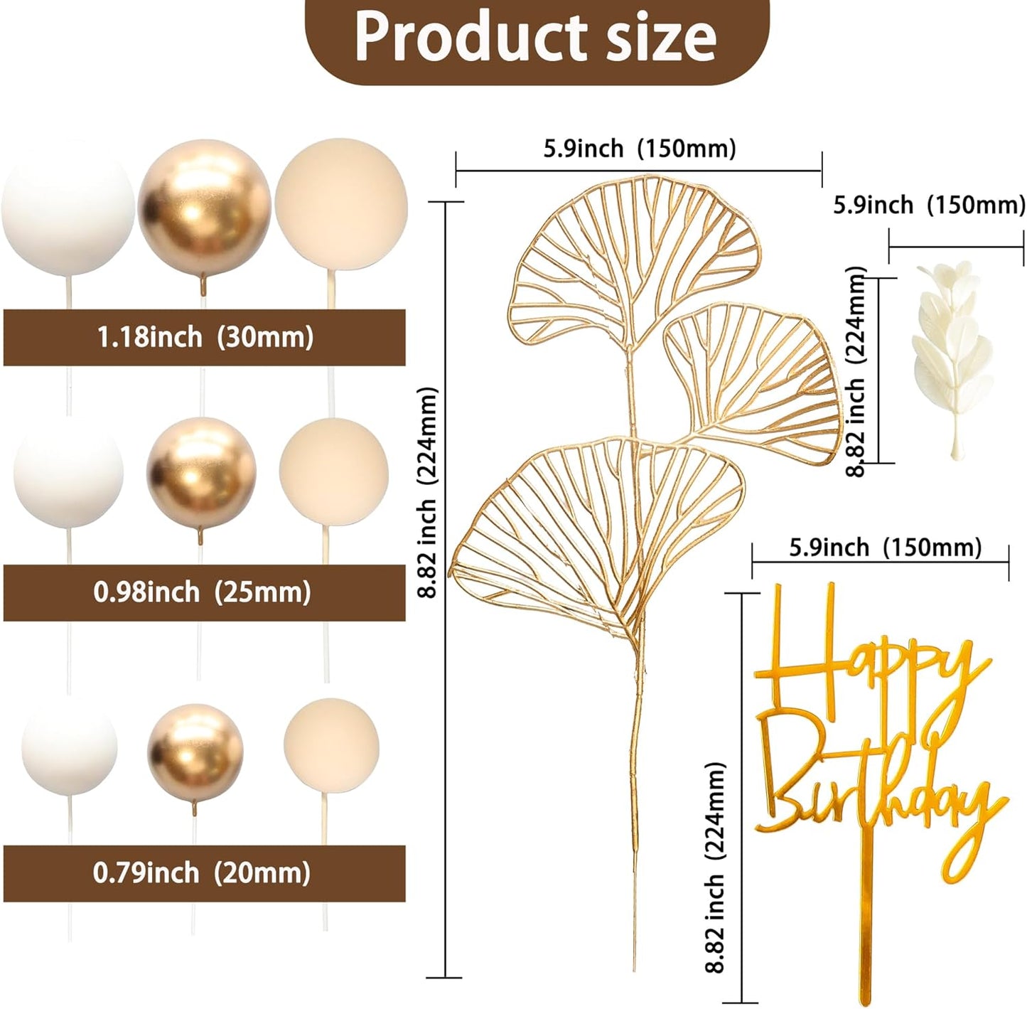 Gyufise 57Pcs Khaki Balls Cake Topper Boho Grass Cake topper Pearl Balls Acrylic Happy Birthday Cake Decorations for Wedding Baby Shower Birthday Boho Themed Party Supplies Khaki White Gold