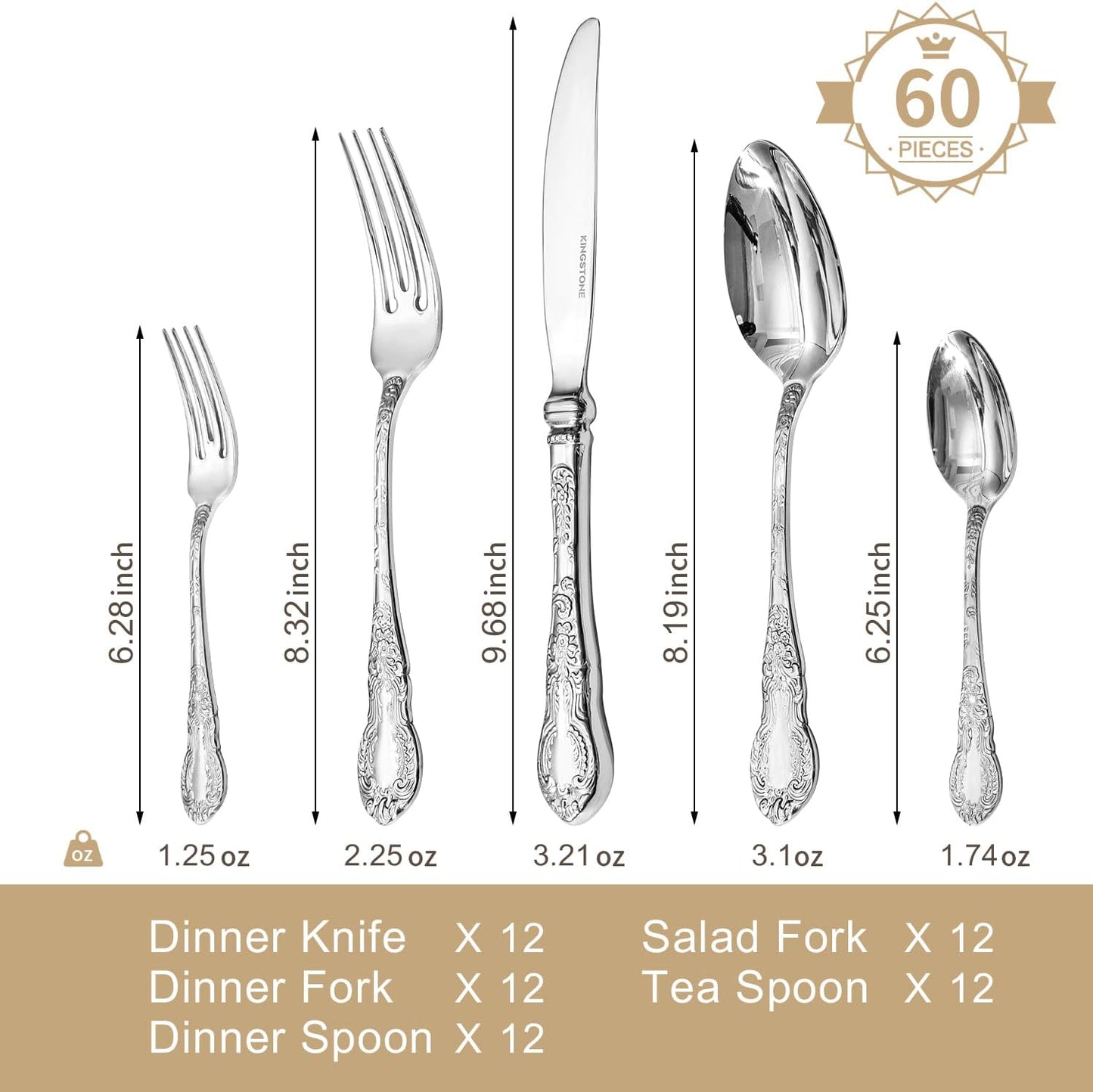 KINGSTONE Vintage Carved Silverware Set, 60-Piece 18/10 Stainless Steel Flatware Cutlery Set with Retro Royal Thick Handle, Tableware Utensils for Home, Restaurant, party, Wedding, Dishwasher Safe